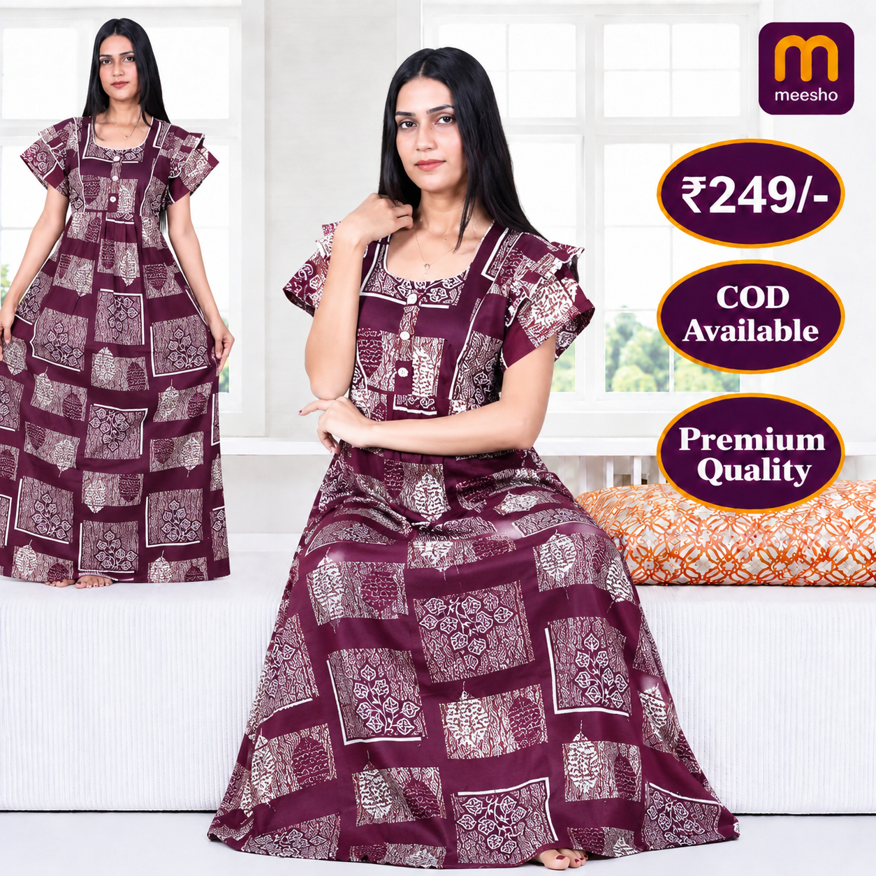 Rare Looking Facebook ad: Premium Cotton Printed Nighty @ Just ₹249 | COD Available