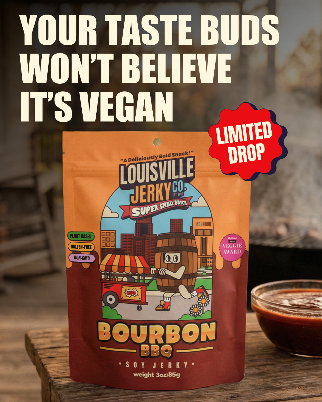 Louisville Vegan Jerky Company Facebook ad from Mar 16, 2026