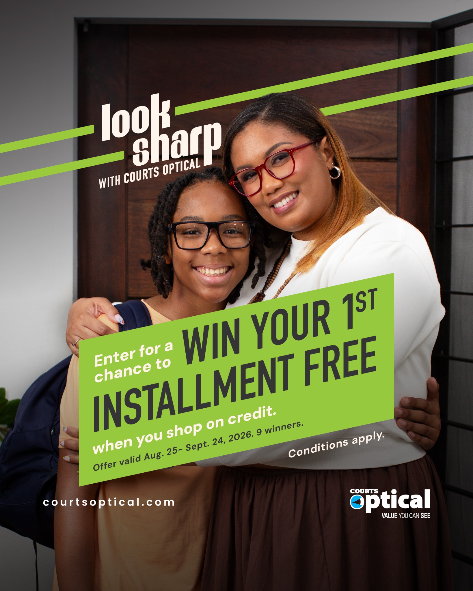 Courts Optical Belize Facebook ad: Win Your 1st Installment FREE!