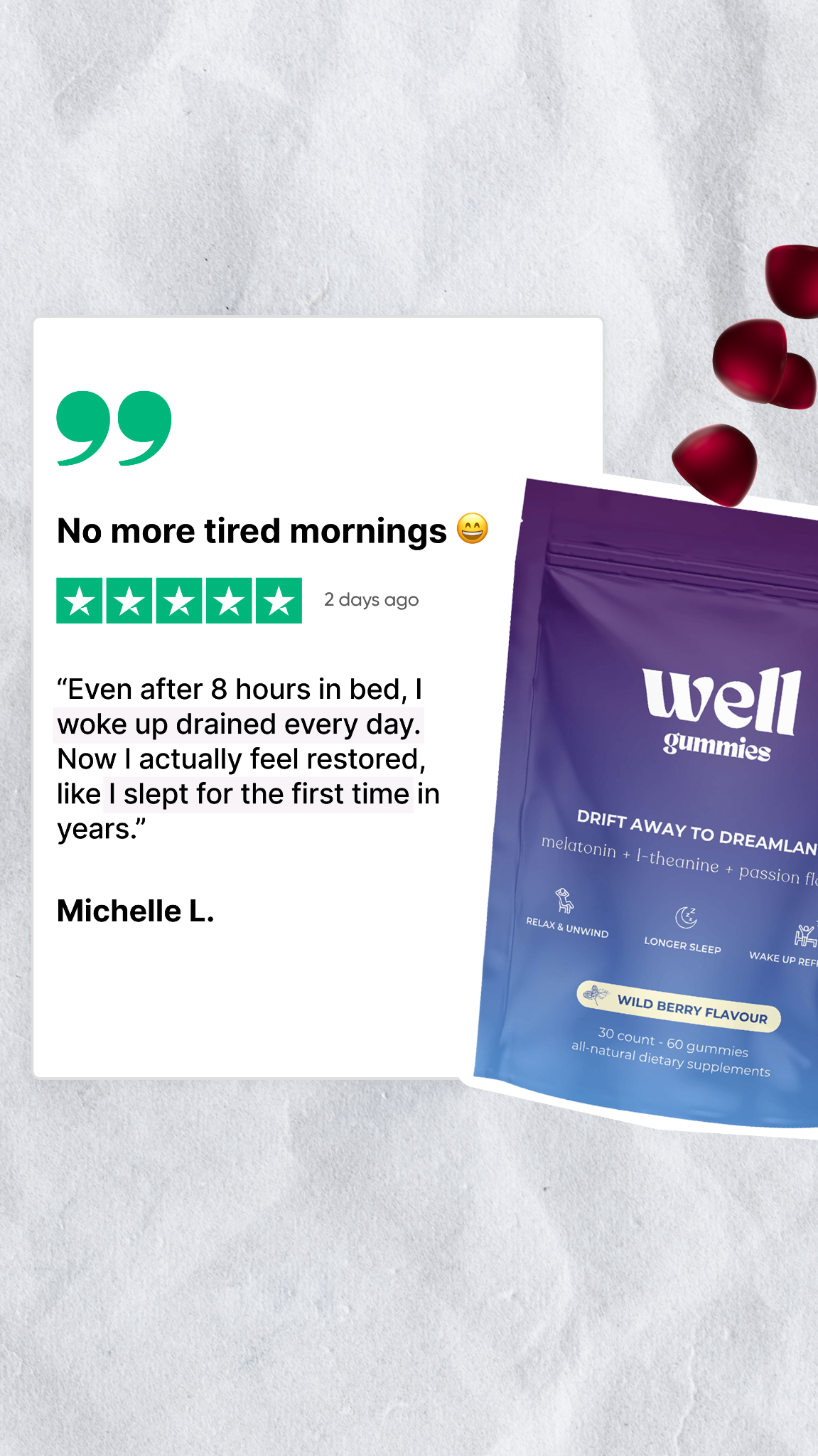 Well Rested Club Facebook ad: Took them at 10pm. Asleep by 10:20