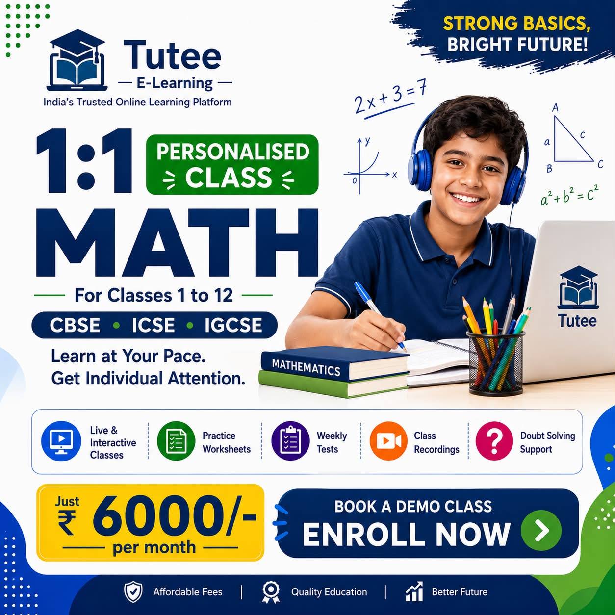 Tutee Facebook ad: 1:1 PERSONALISED MATH CLASSES, ₹6,000/MONTH