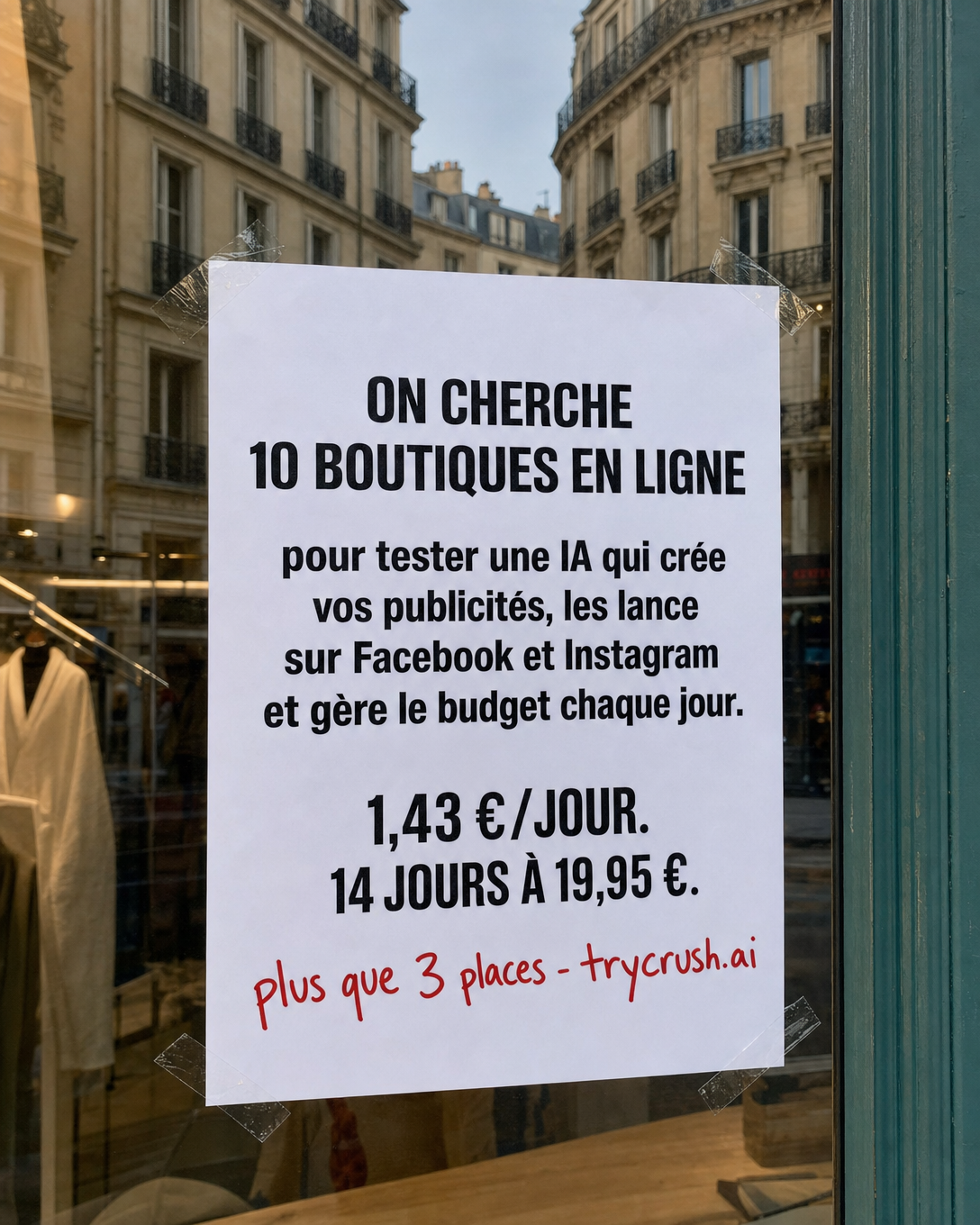 trycrush.ai Facebook ad: On cherche 10 boutiques en ligne