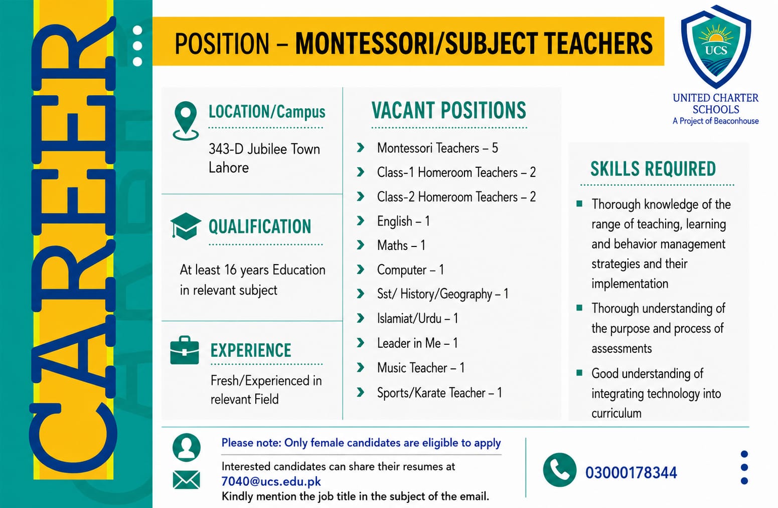 United Charter Schools Jubilee Town Campus Facebook ad: We are Hiring!