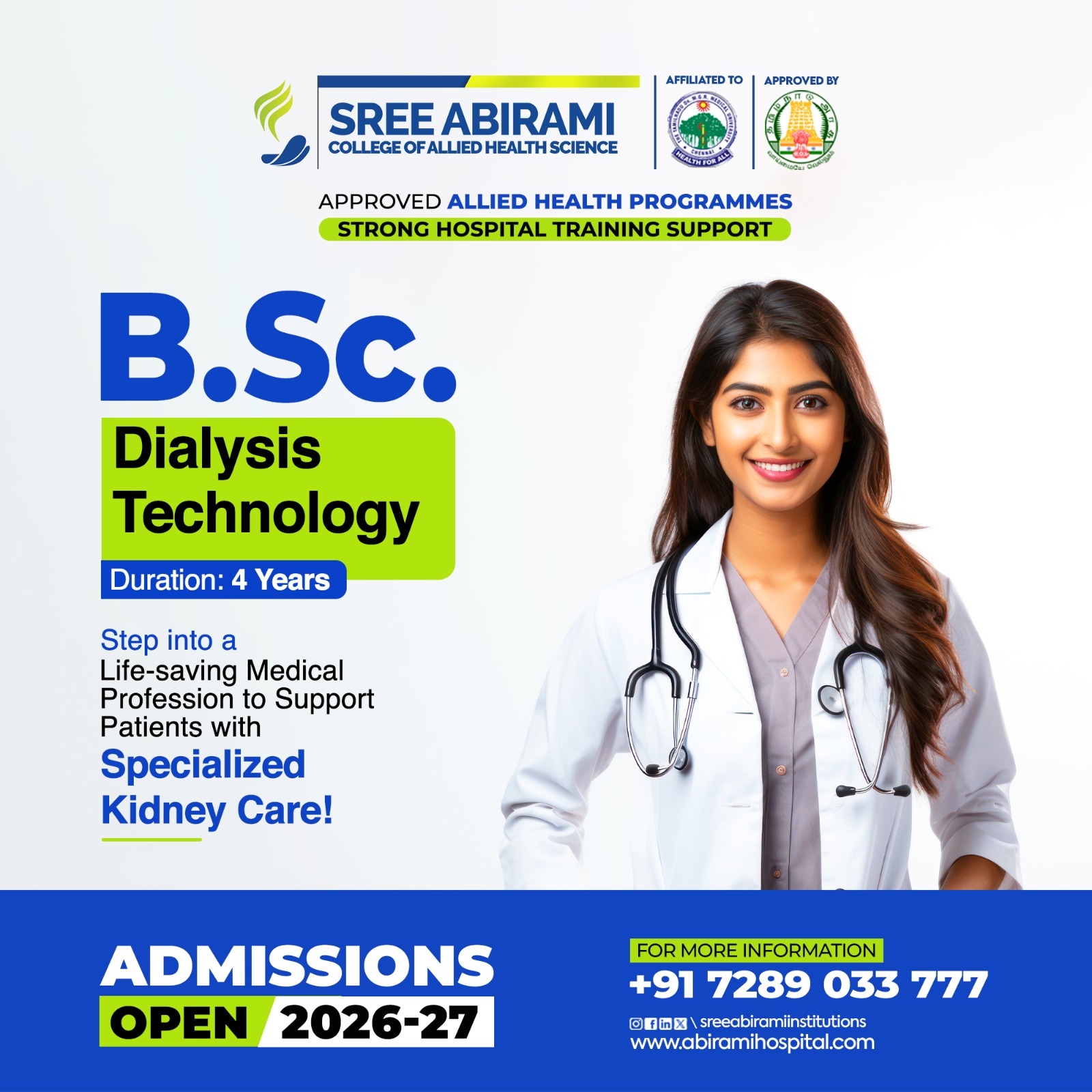 Sree Abirami Institutions Facebook ad: Admissions Open, B.Sc. Dialysis Technology