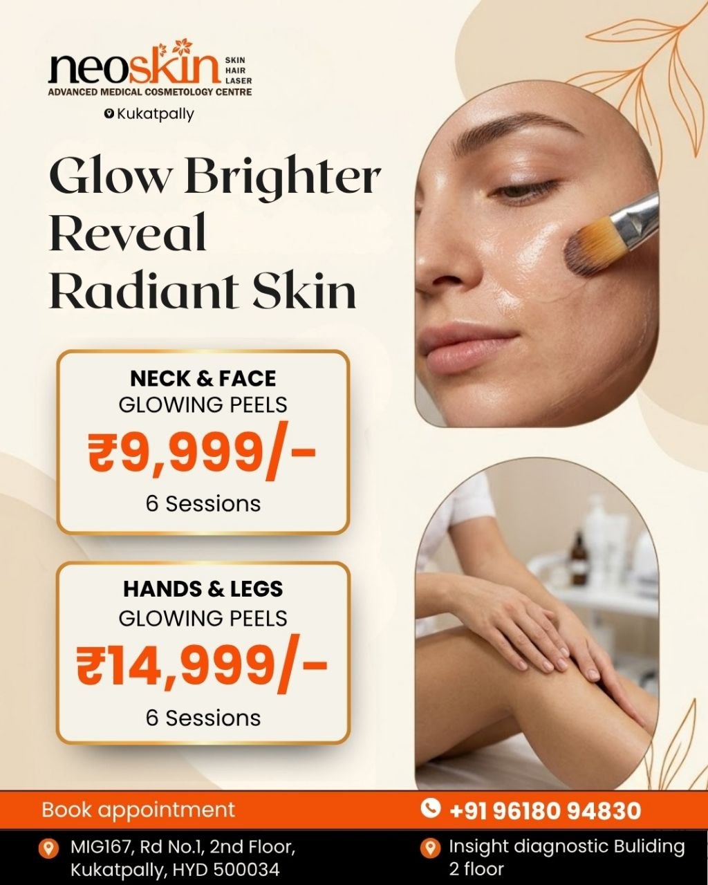 Neo Skin Clinic KPHB Facebook ad: Glow Brighter with 6 Glowing Peel Sessions