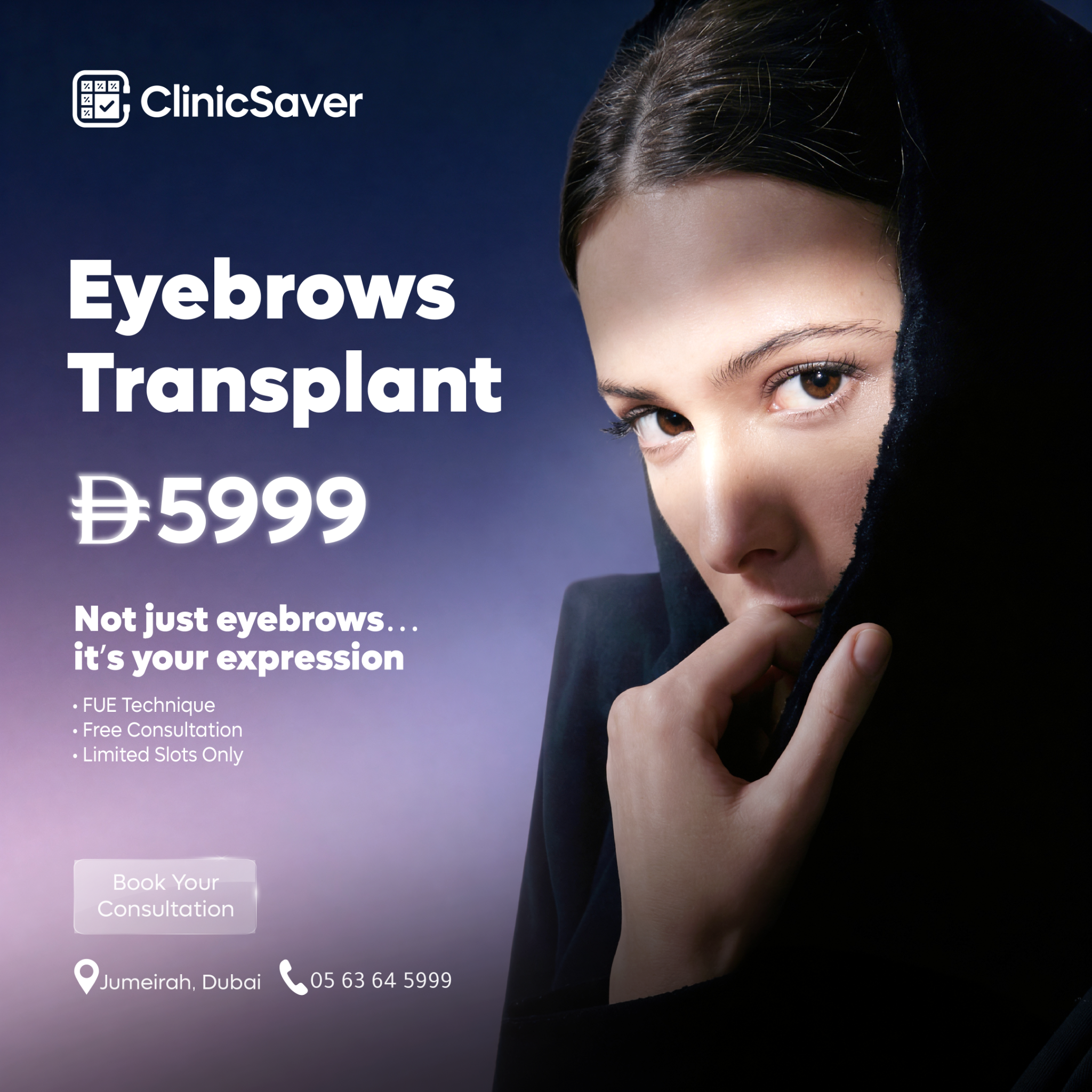 ClinicSaver Facebook ad: Natural Eyebrows. Premium Results.