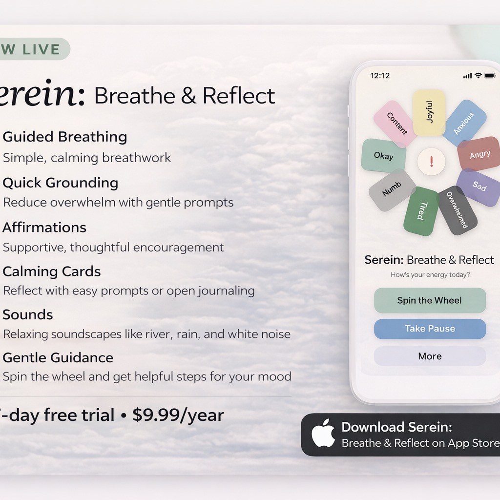 serein.breathe.reflect Facebook ad: When life feels loud, even a small moment…