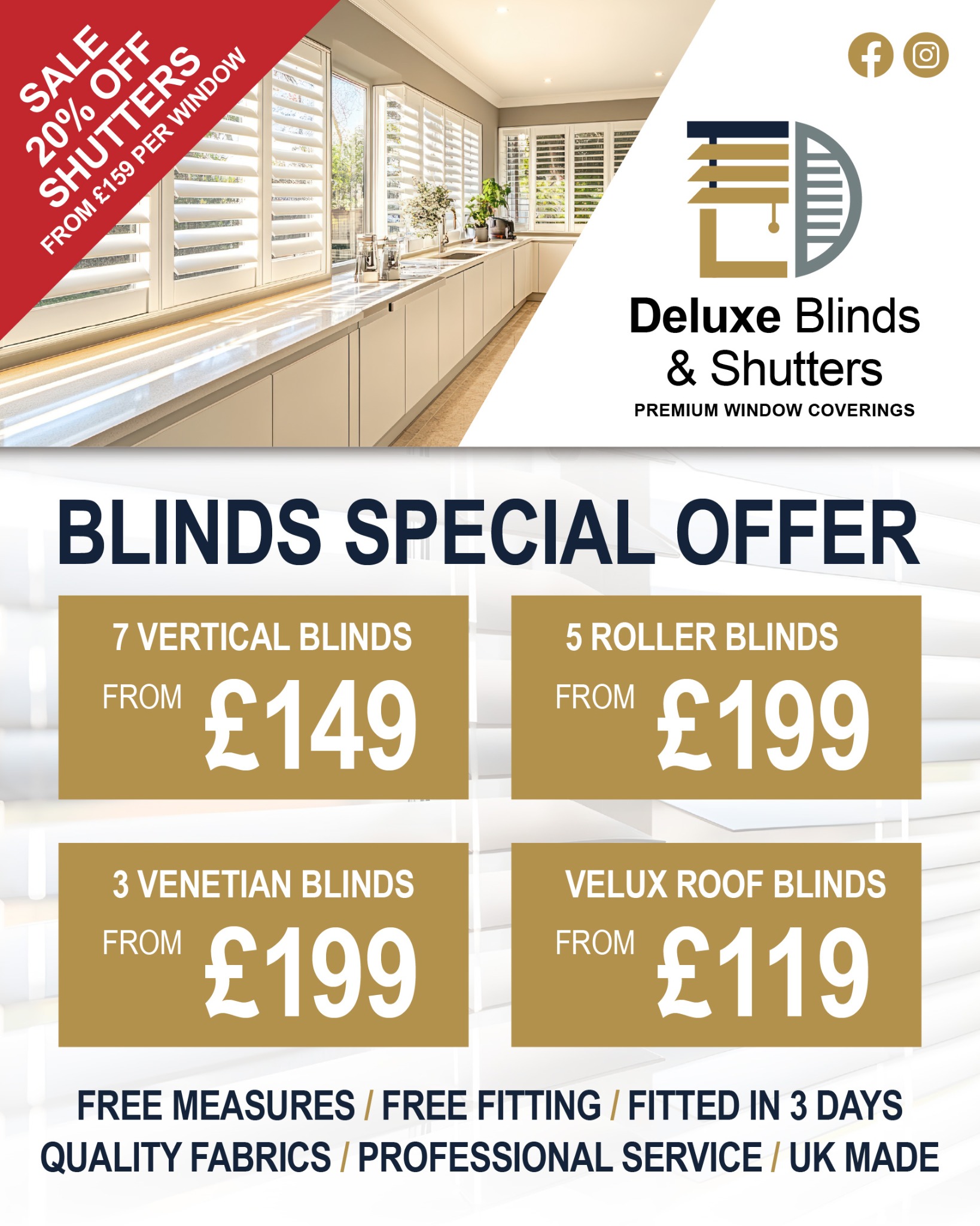 Deluxe Blinds and Shutters Facebook ad: Blinds & Shutters From £119