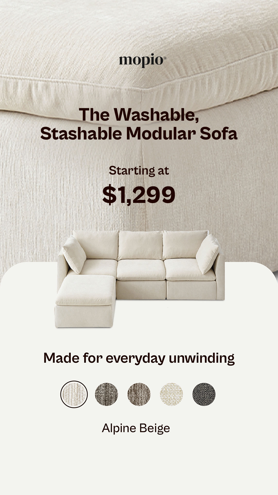 Mopio Facebook ad: Washable, Stashable, Modular Sofa From $796