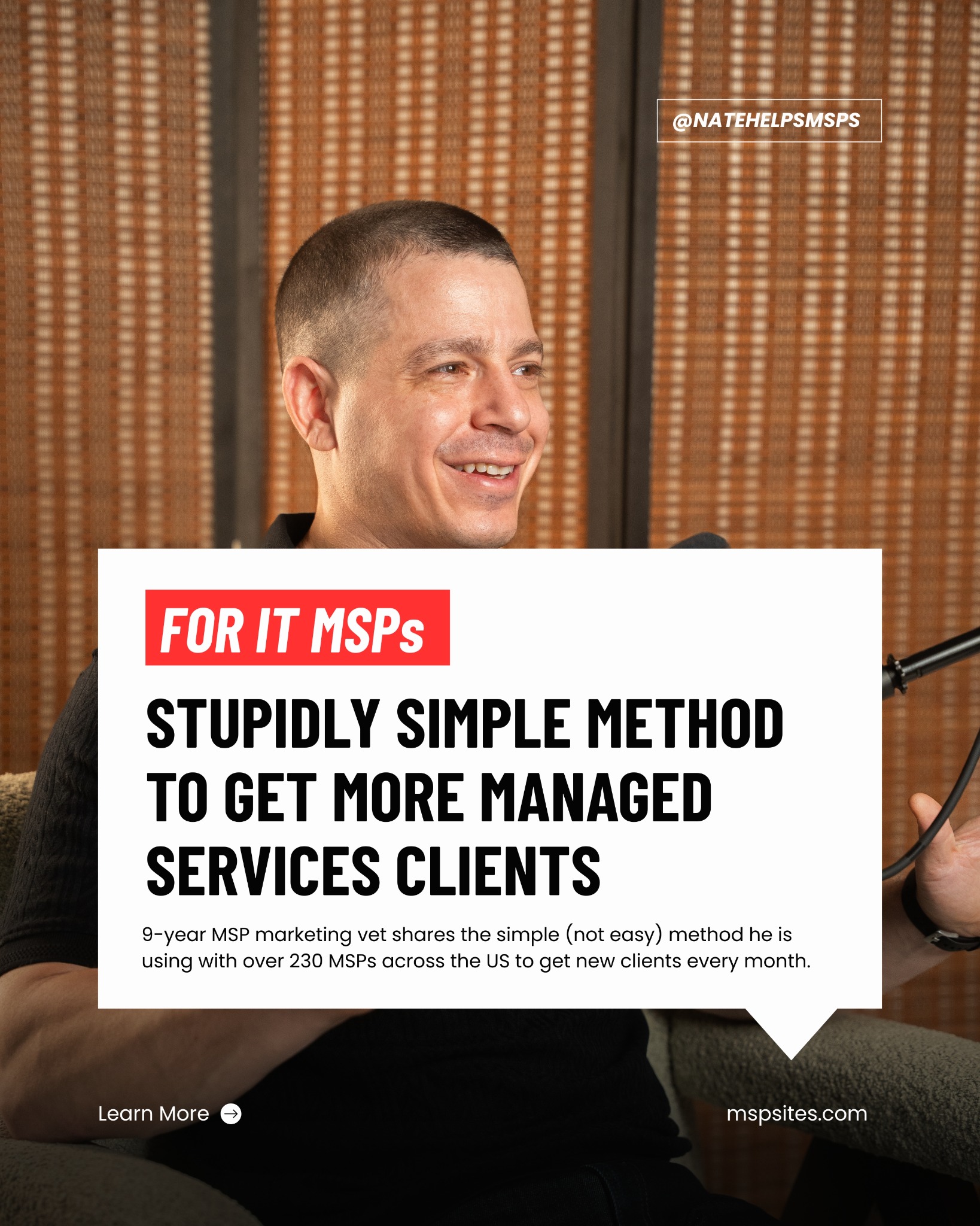 Nate Helps MSPs Facebook ad: Free Webinar: Turn Your MSP Site Into 3-7 Leads / Month