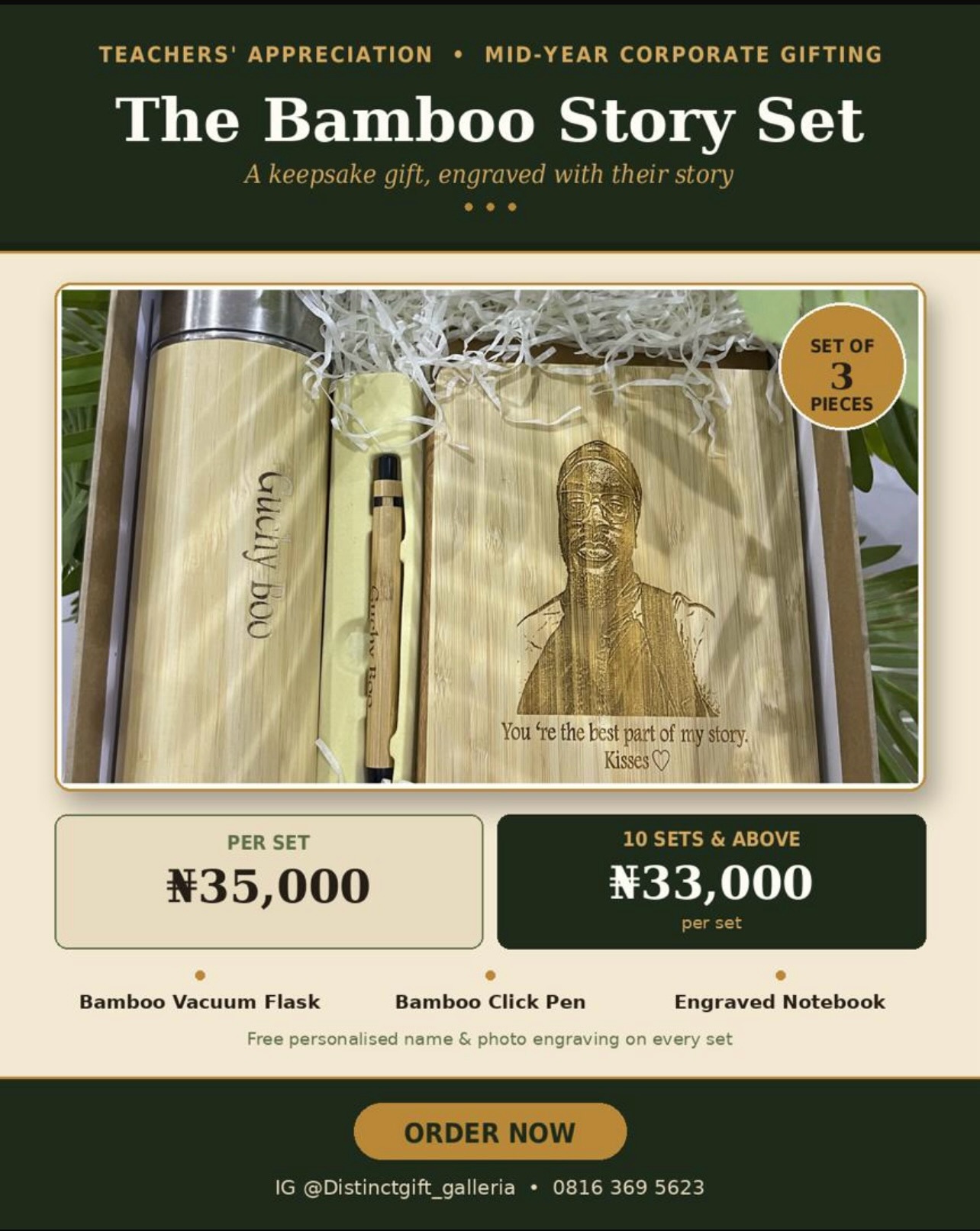 Distinctgift Galleria Facebook ad: The Bamboo Story Set, a personally engraved flask…
