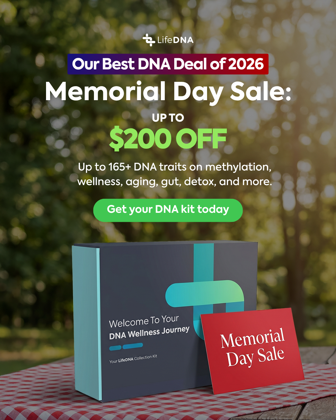 LifeDNA Facebook ad: Memorial Day Sale: Up to $200 Off Your DNA Test