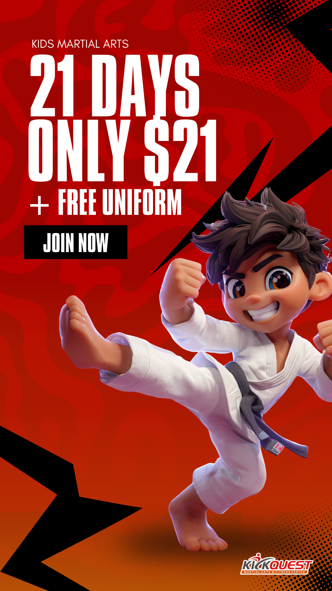 KickQuest Martial Arts & Fitness Facebook ad from Mar 13, 2026