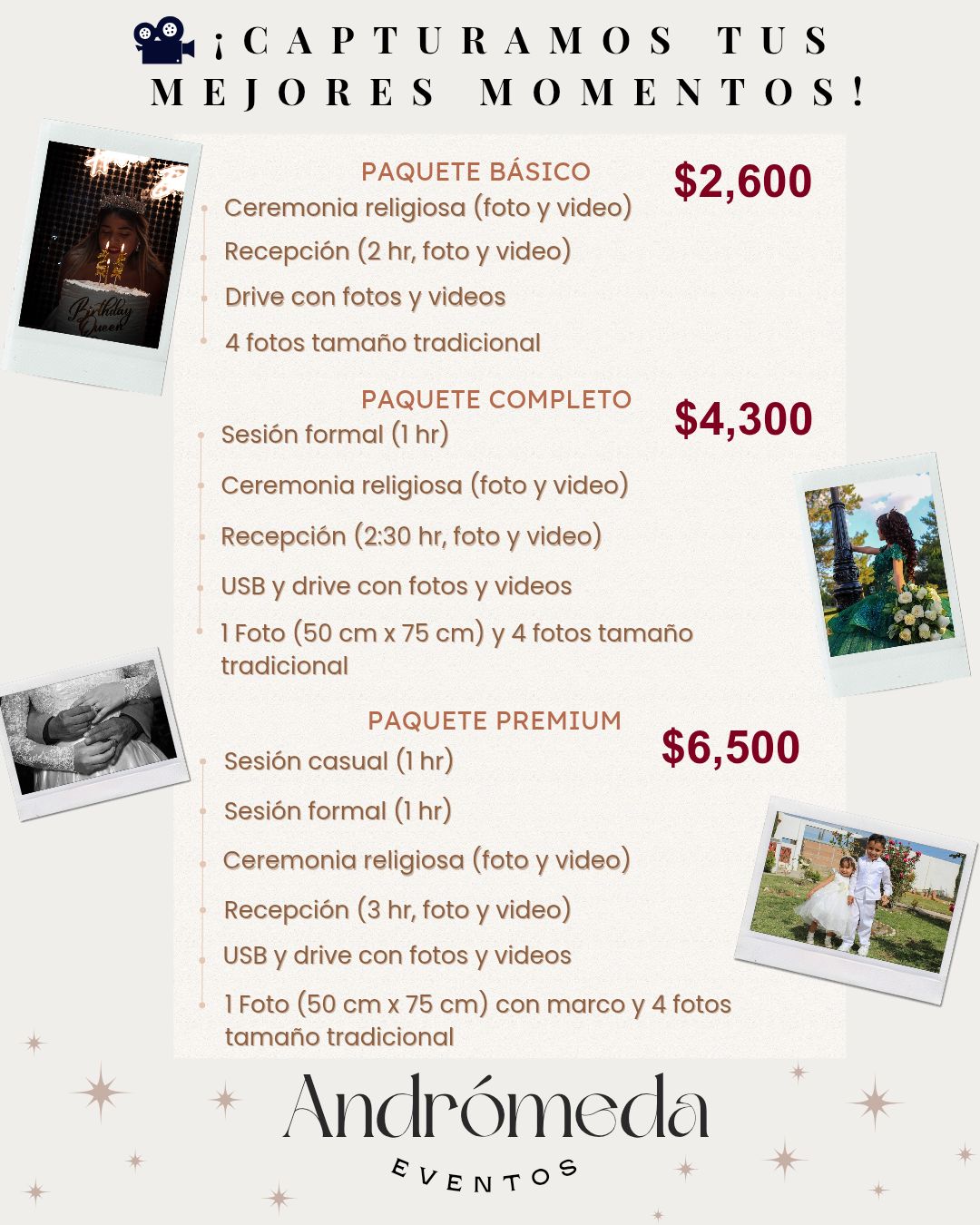 Andrómeda Eventos Facebook ad: Capturamos tus mejores momentos para siempre