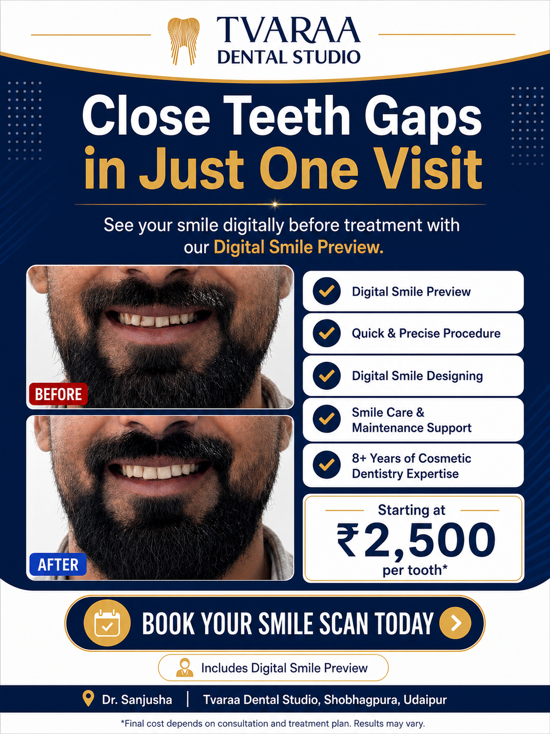 Tvaraa Dental Studio Facebook ad: Smile Makeover with Veneers starting ₹2500 per tooth