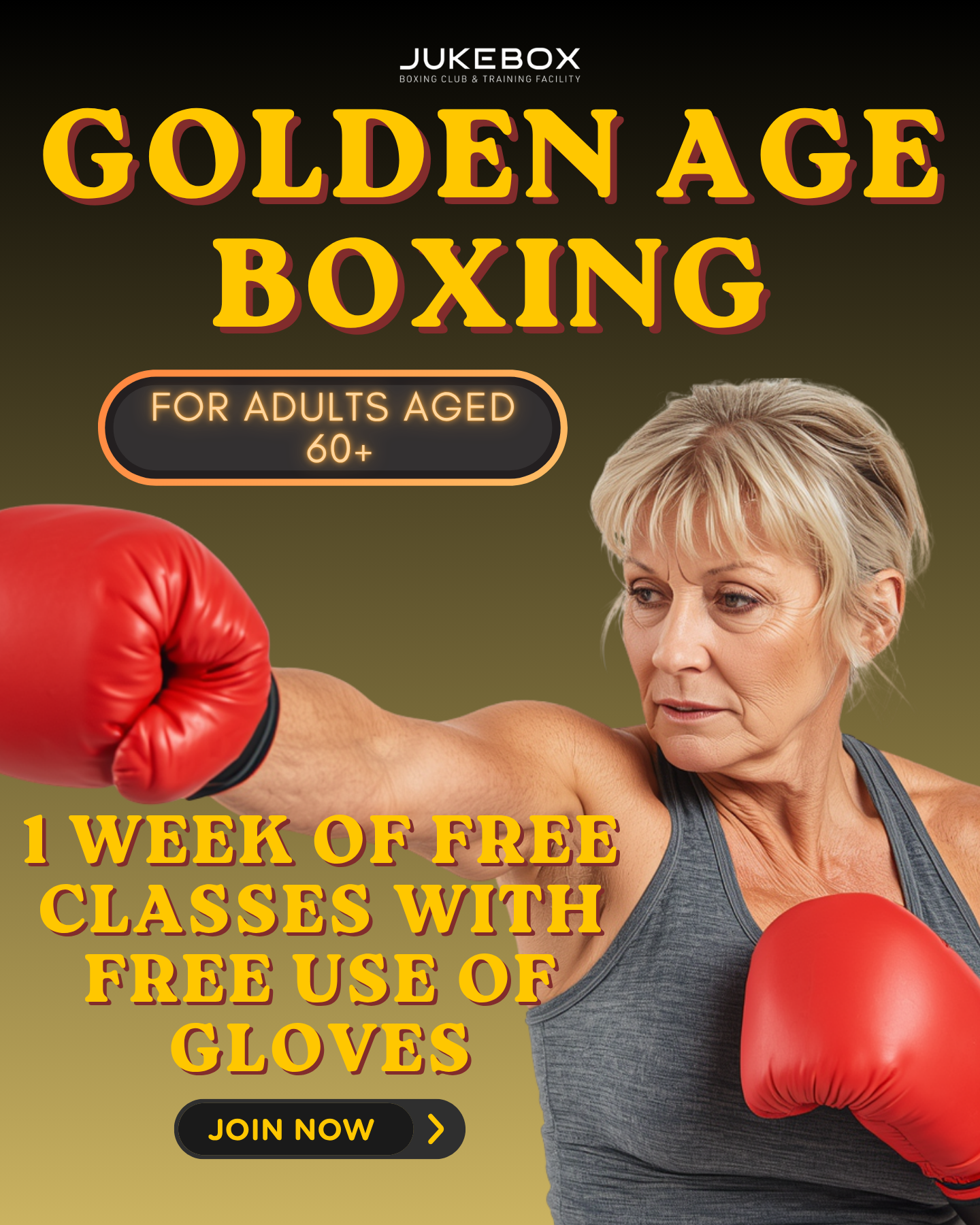 Jukebox Boxing Club Facebook ad: Golden Age Boxing (for 60+ yrs), FREE Classes!