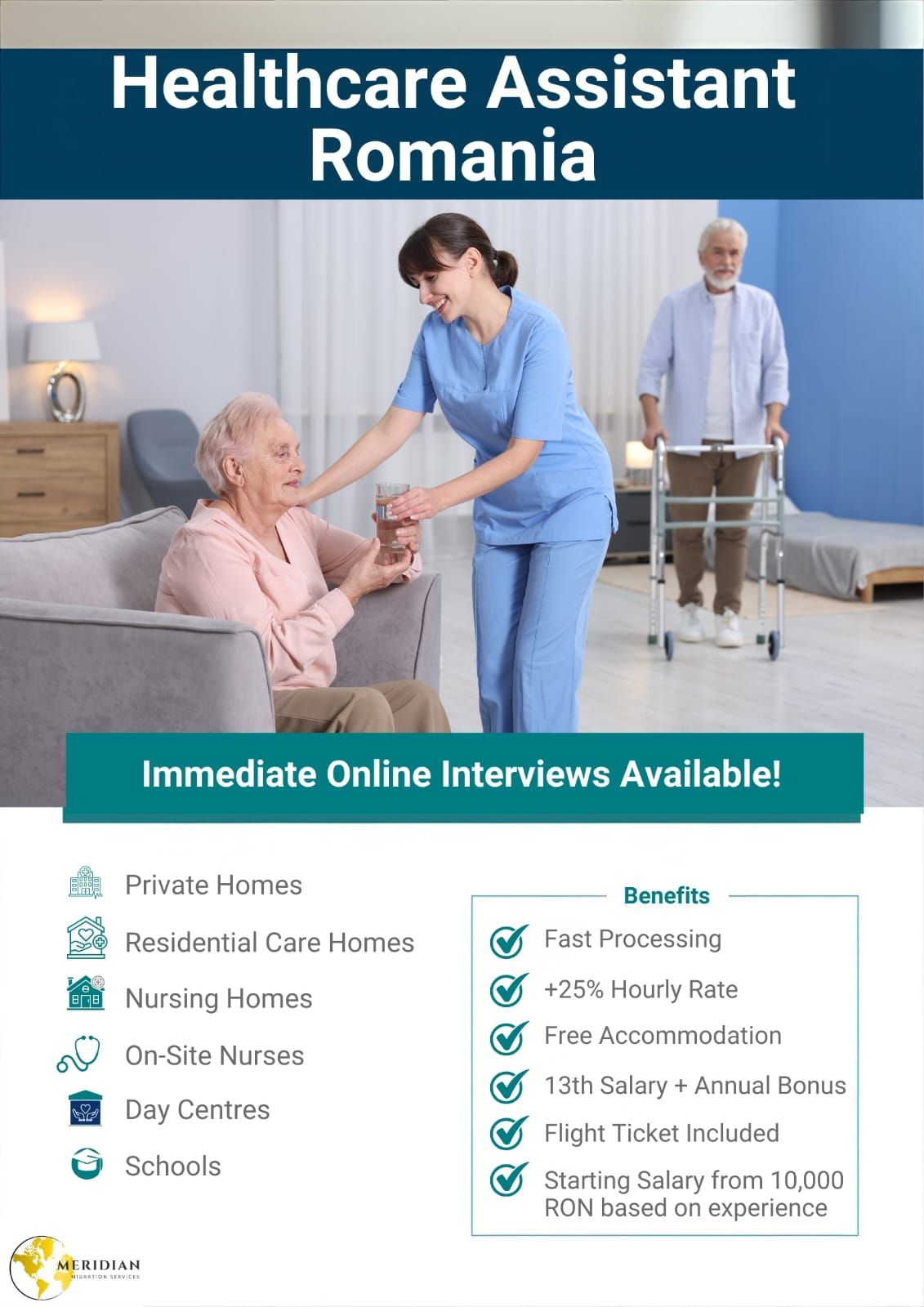 Meridian Migration Services Facebook ad: HEALTHCARE ASSISTANT VACANCY IN ROMANIA