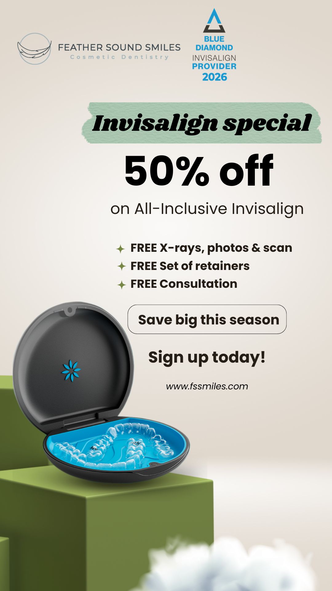 Feather Sound Smiles Facebook ad from Apr 17, 2026