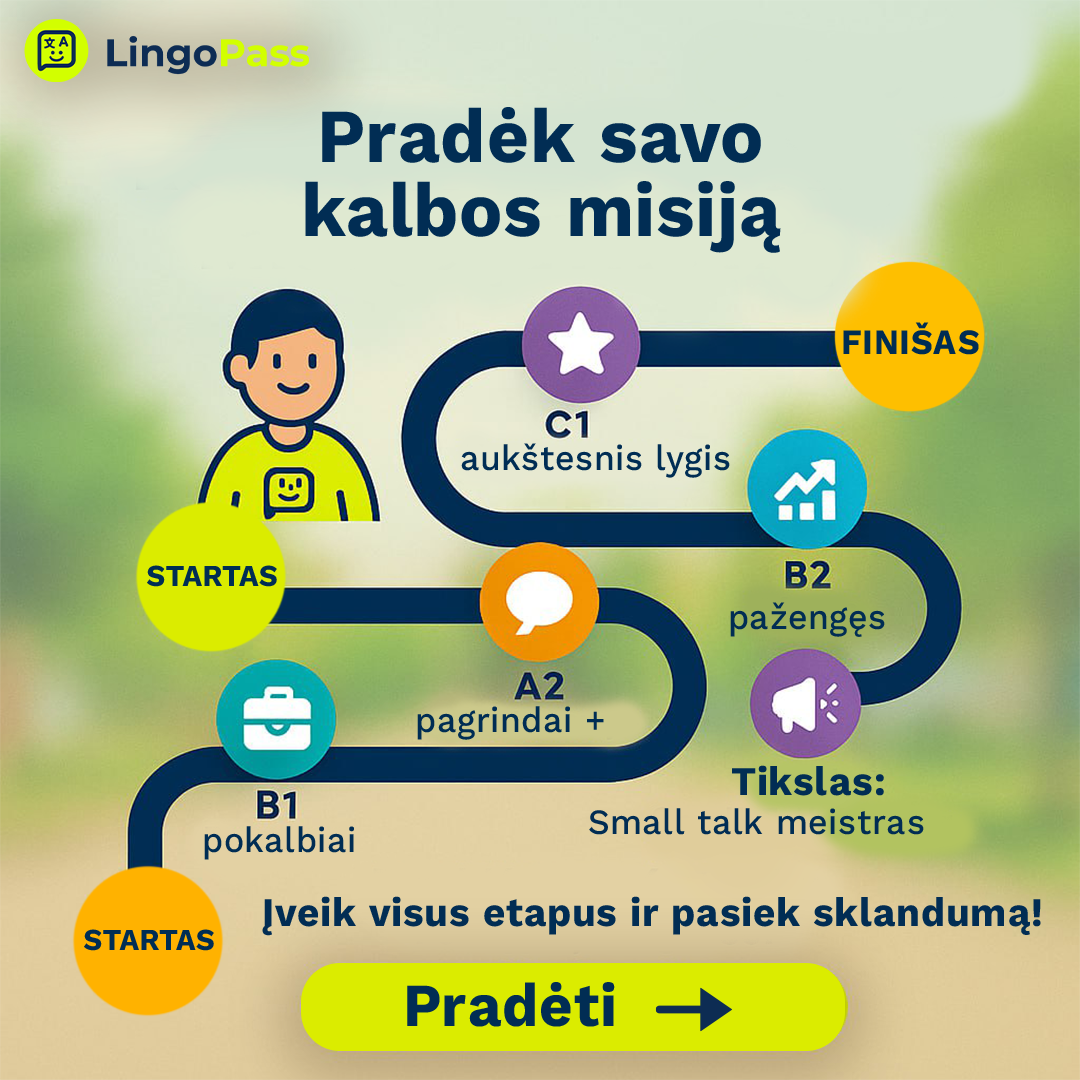 LingoPass Facebook ad: Anglų kalba suaugusiems per 30 dienų