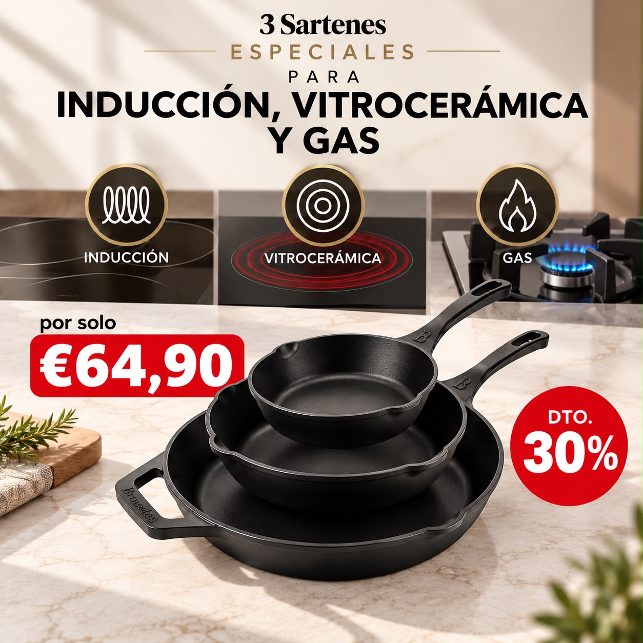 Bruselas Cocina Spain Facebook ad: ¿Gas, vitrocerámica o inducción? No importa.