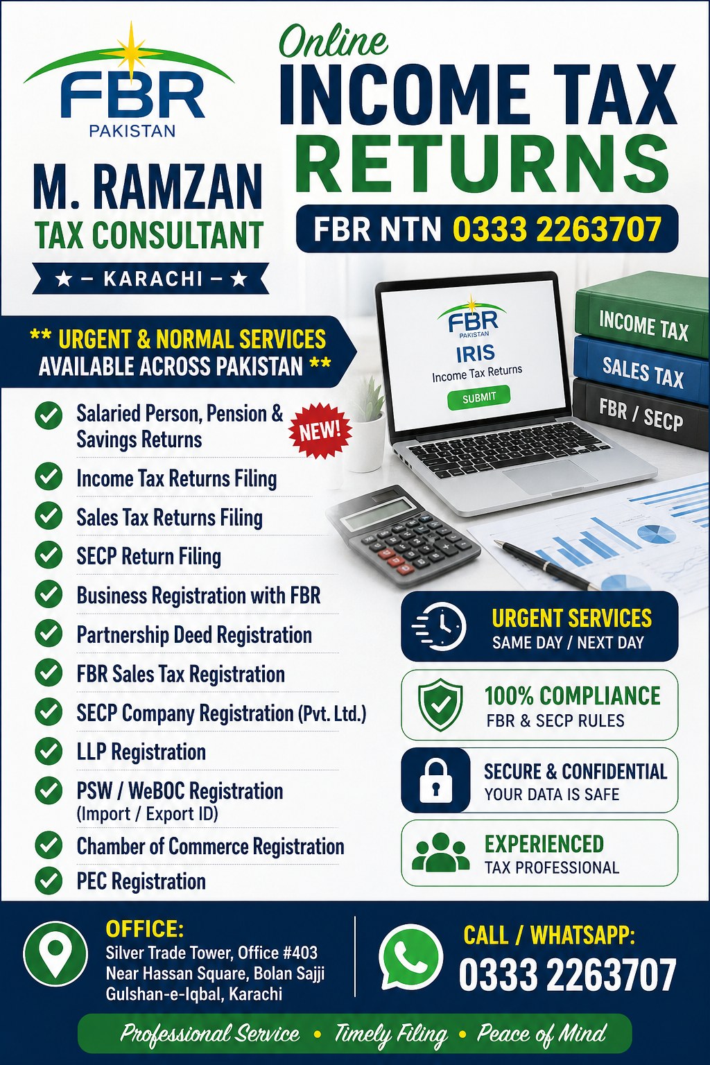 Online Tax Consultant in Karachi FBR NTN Tax Return Filer Status Near Me Facebook ad: Online Income Tax Returns FBR NTN 0333 2263707