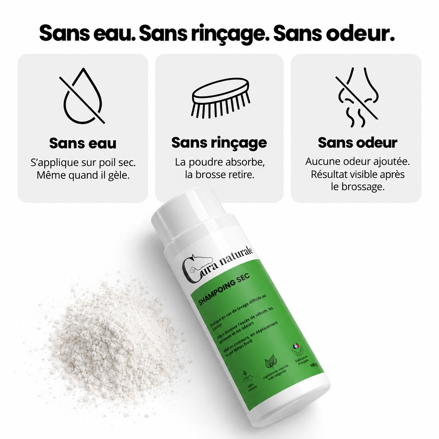 Cura naturale Facebook ad: Shampoing sec pour cheval · Fabrication française