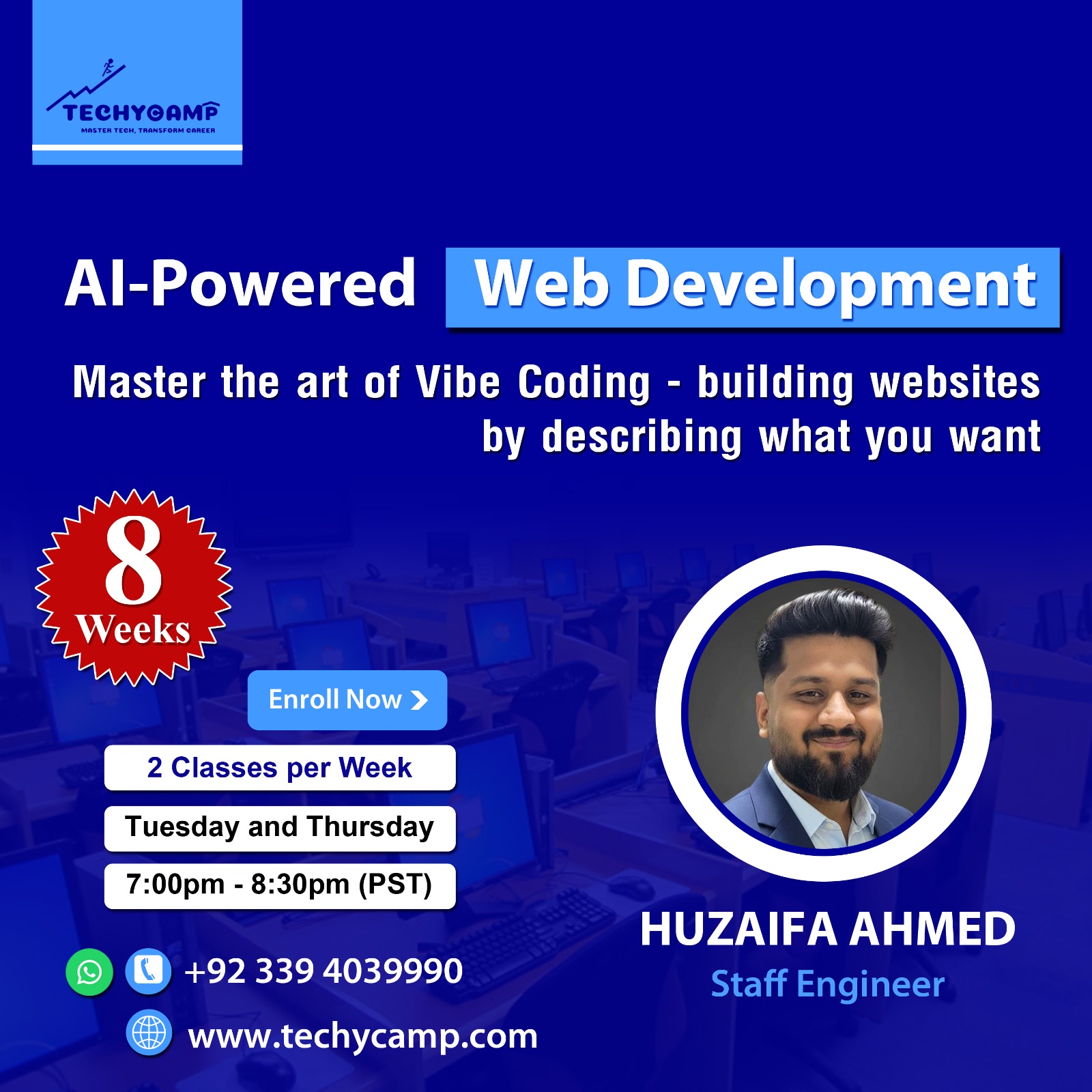 TechyCamp Facebook ad: 8 Weeks → Modern Web Developer