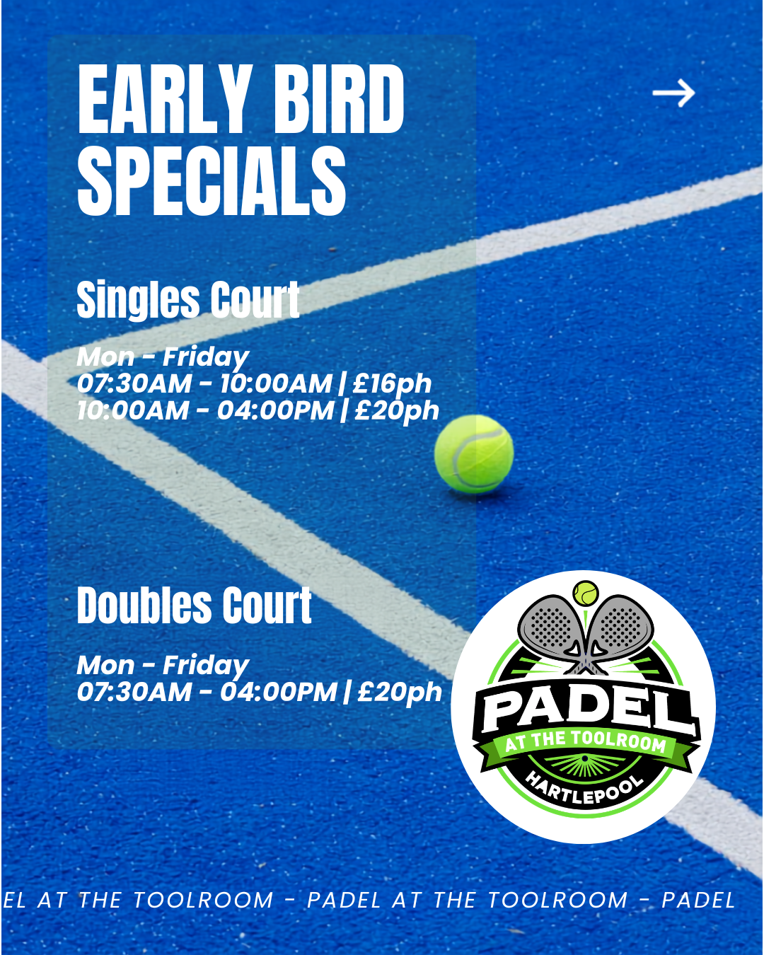 Padel at The Toolroom Facebook ad: Early Bird Booking