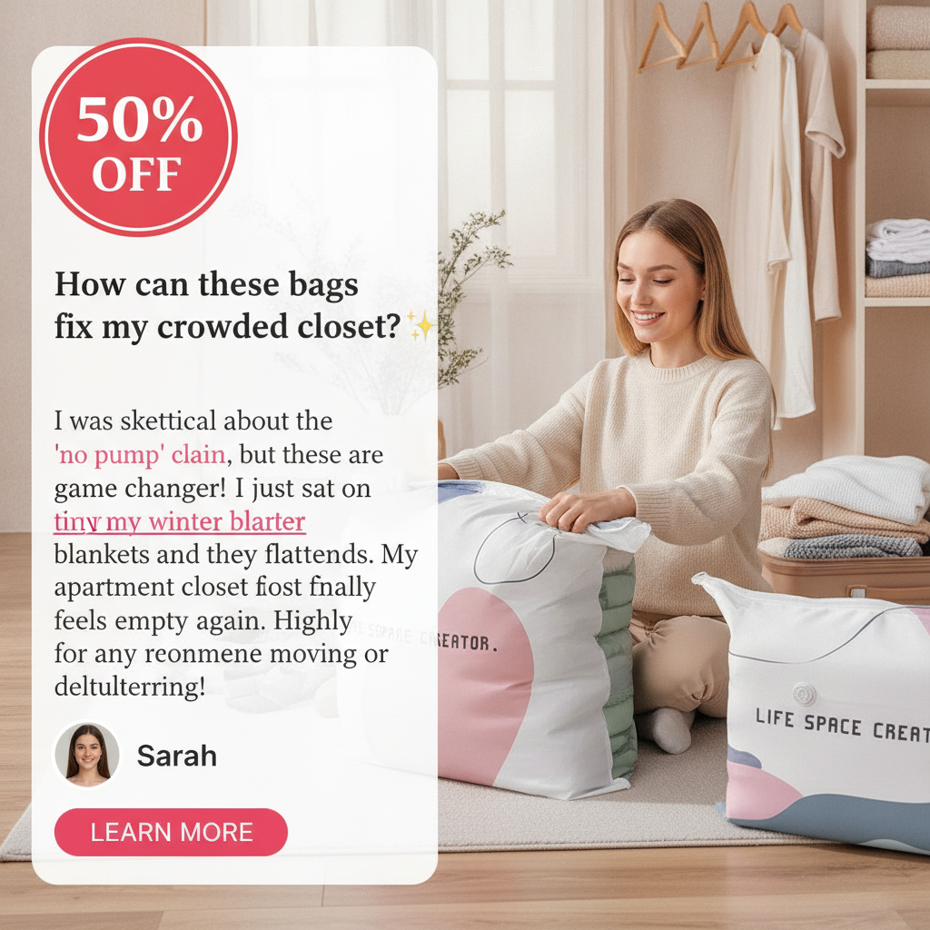 Coffroutils Facebook ad: No-Pump Vacuum Storage Compression Bags