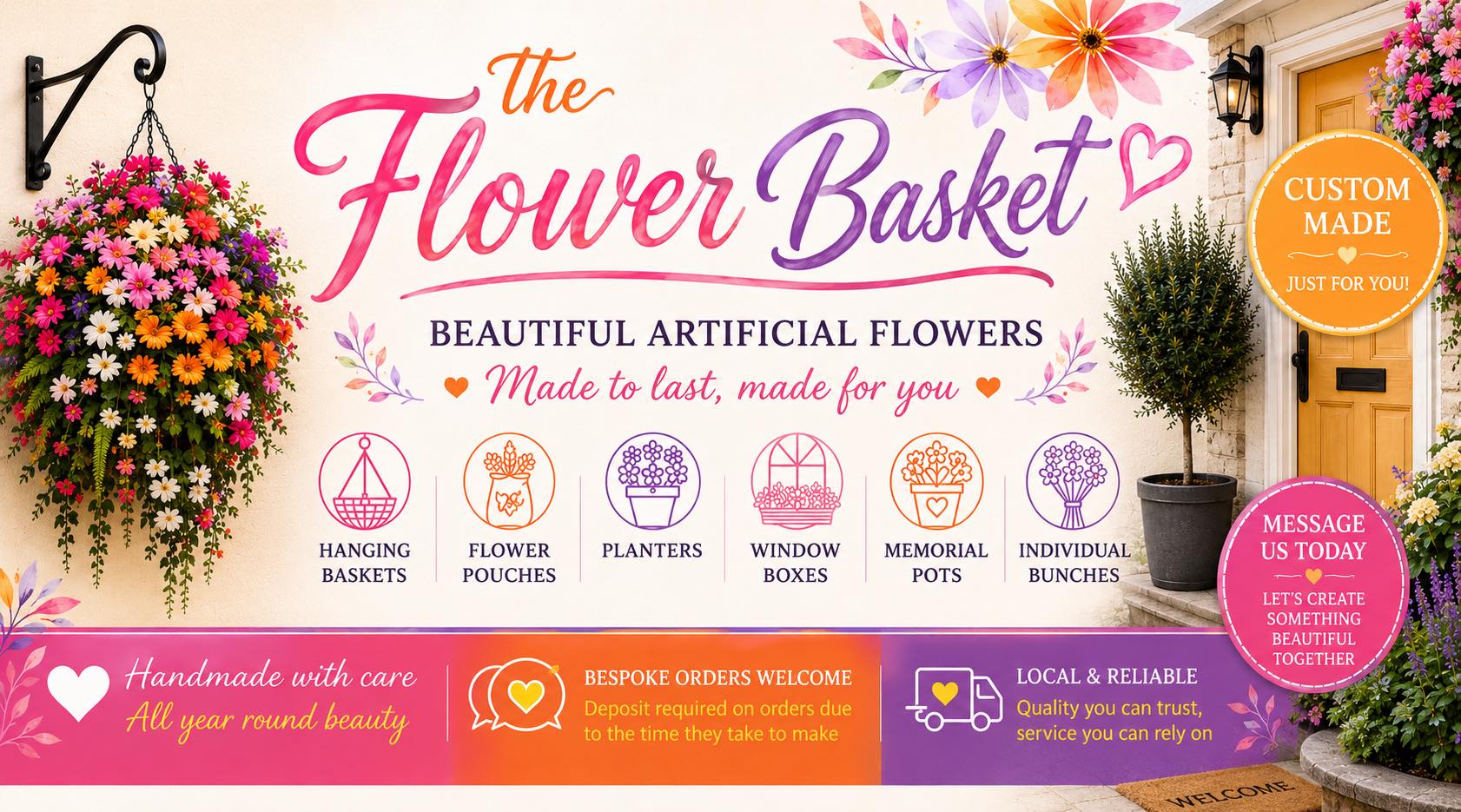 The Flower Basket Facebook ad: Beautiful, high-quality artificial flowers and bespoke…
