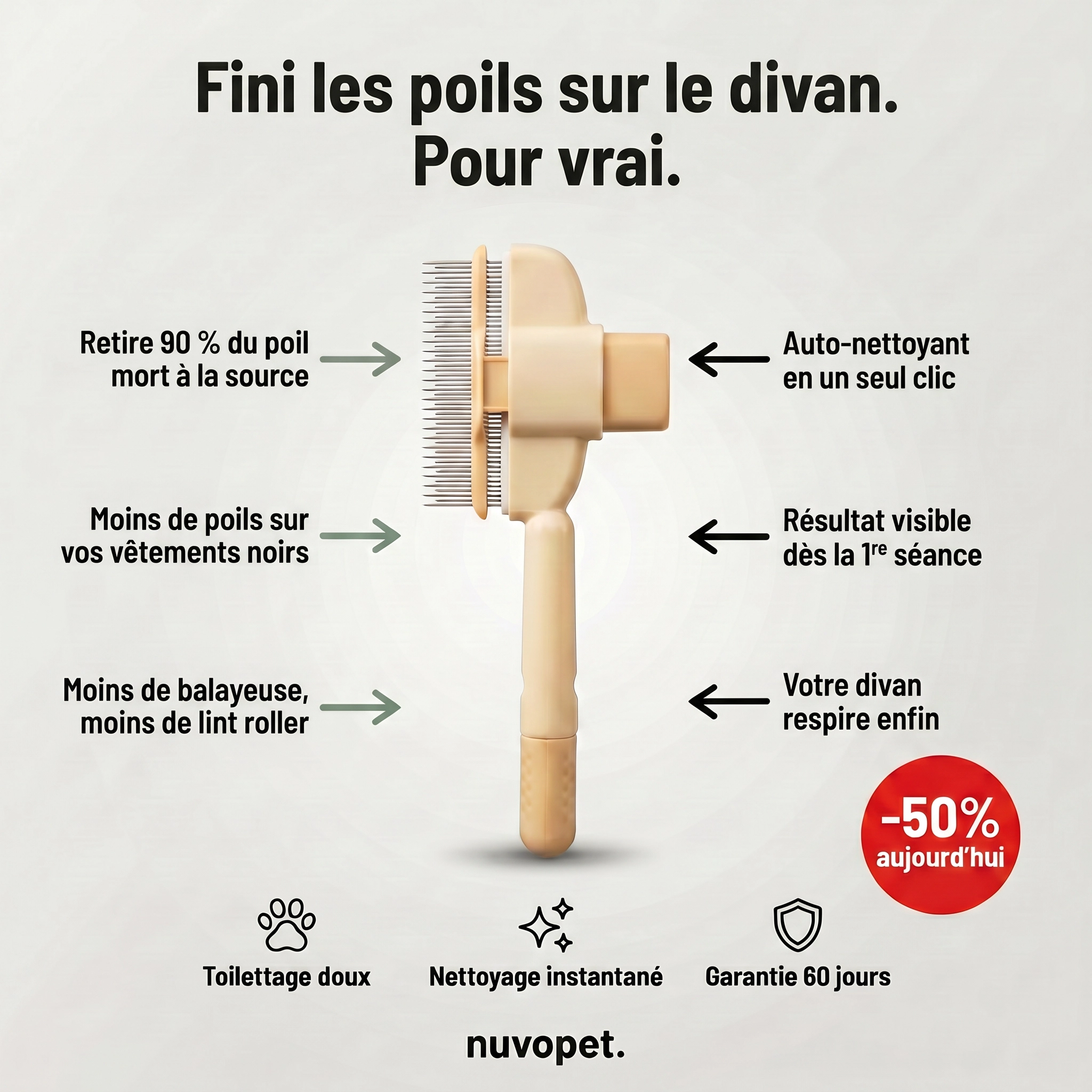 Nuvopet Facebook ad: -25% · Garanti 60 jours ou remboursé