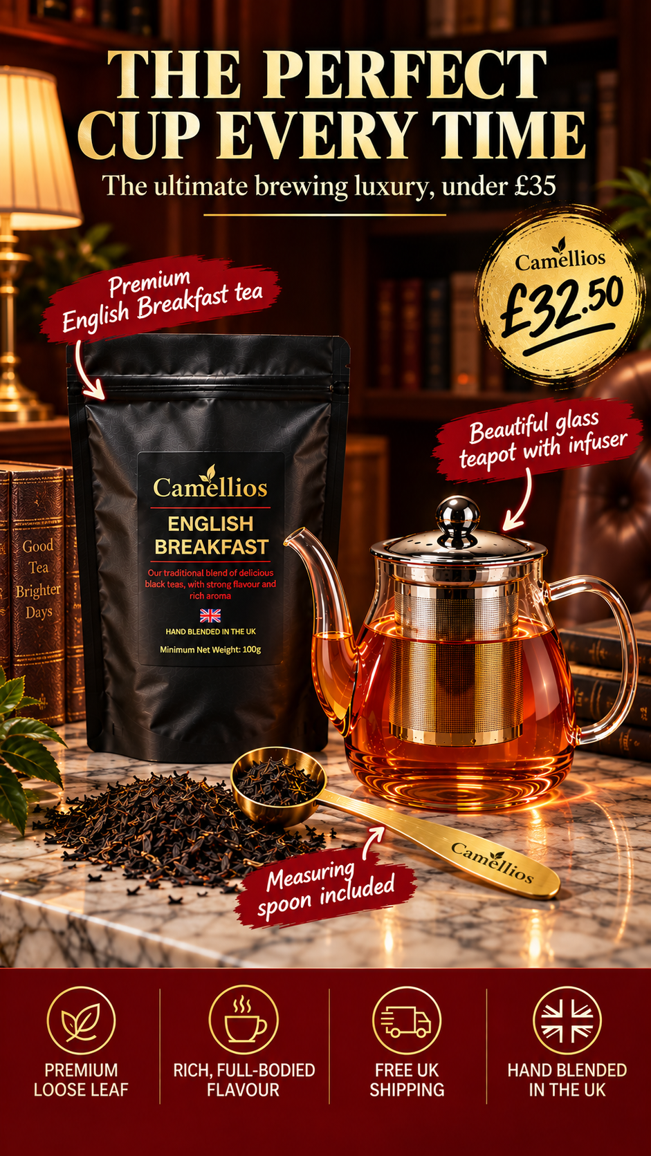 Camellios Facebook ad: Proper Tea, Properly Brewed