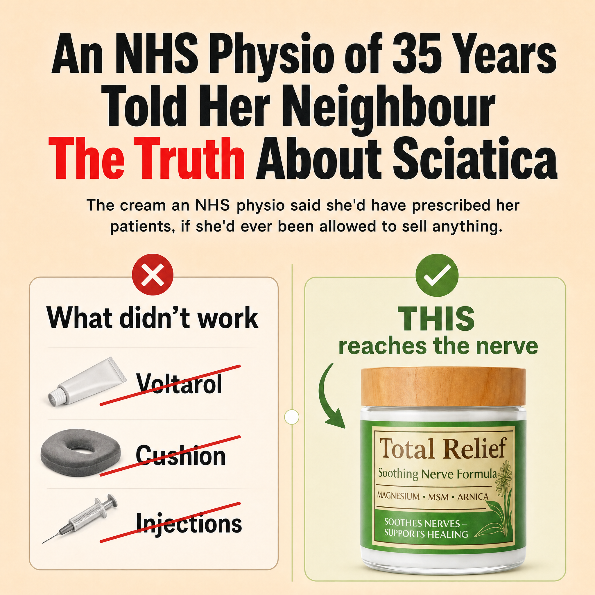 Harriet Whitcombe Wellness Tips Facebook ad: 6 Years of Sciatica. Gone in Weeks. Not Months.