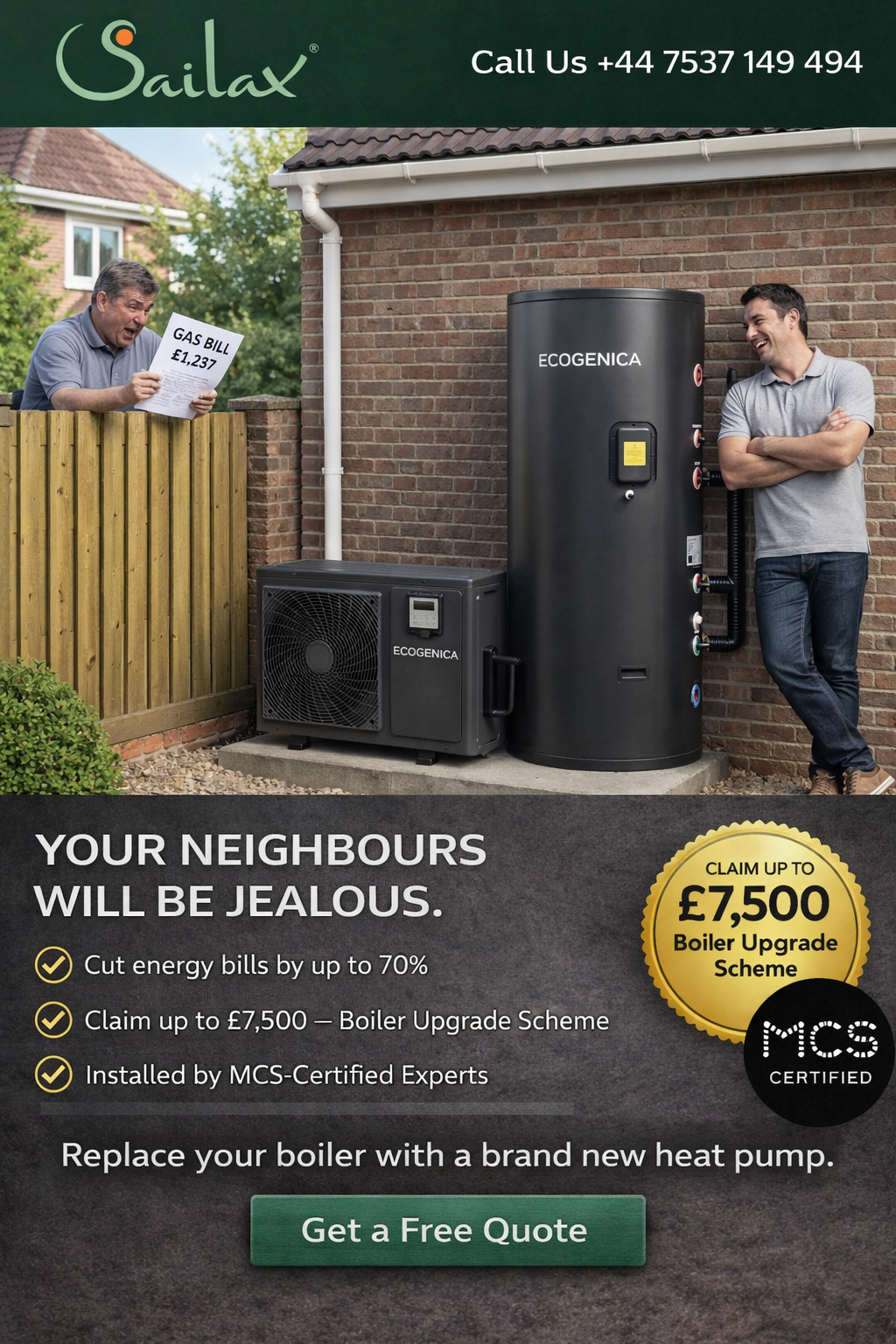 Sailax Global UK Facebook ad: Get £7,500 Toward an Air Source Heat Pump