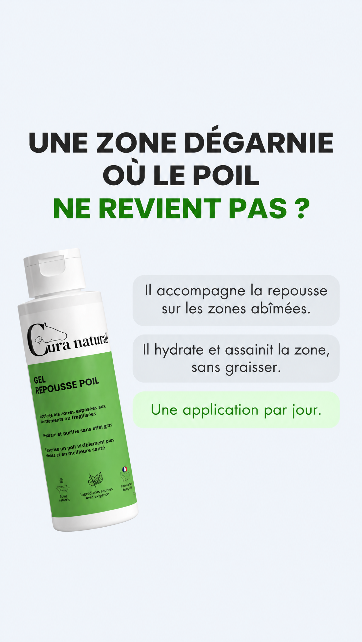 Cura naturale Facebook ad: Gel repousse poil pour cheval · Note 4,8/5