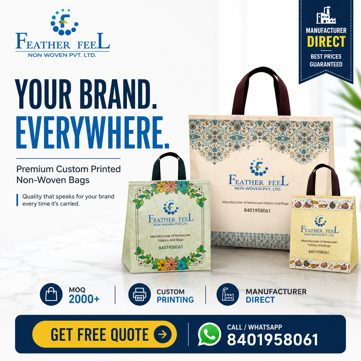 Featherfeel Nonwoven Pvt Ltd Facebook ad: Premium Custom Printed Non-Woven Bags