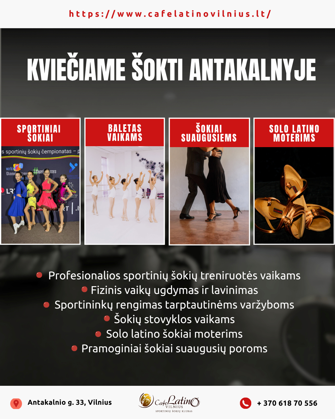 Vilniaus šokių asociacijos sportinių šokių klubas Cafe Latino Vilnius Facebook ad: KVIEČIAME ŠOKTI ANTAKALNYJE!