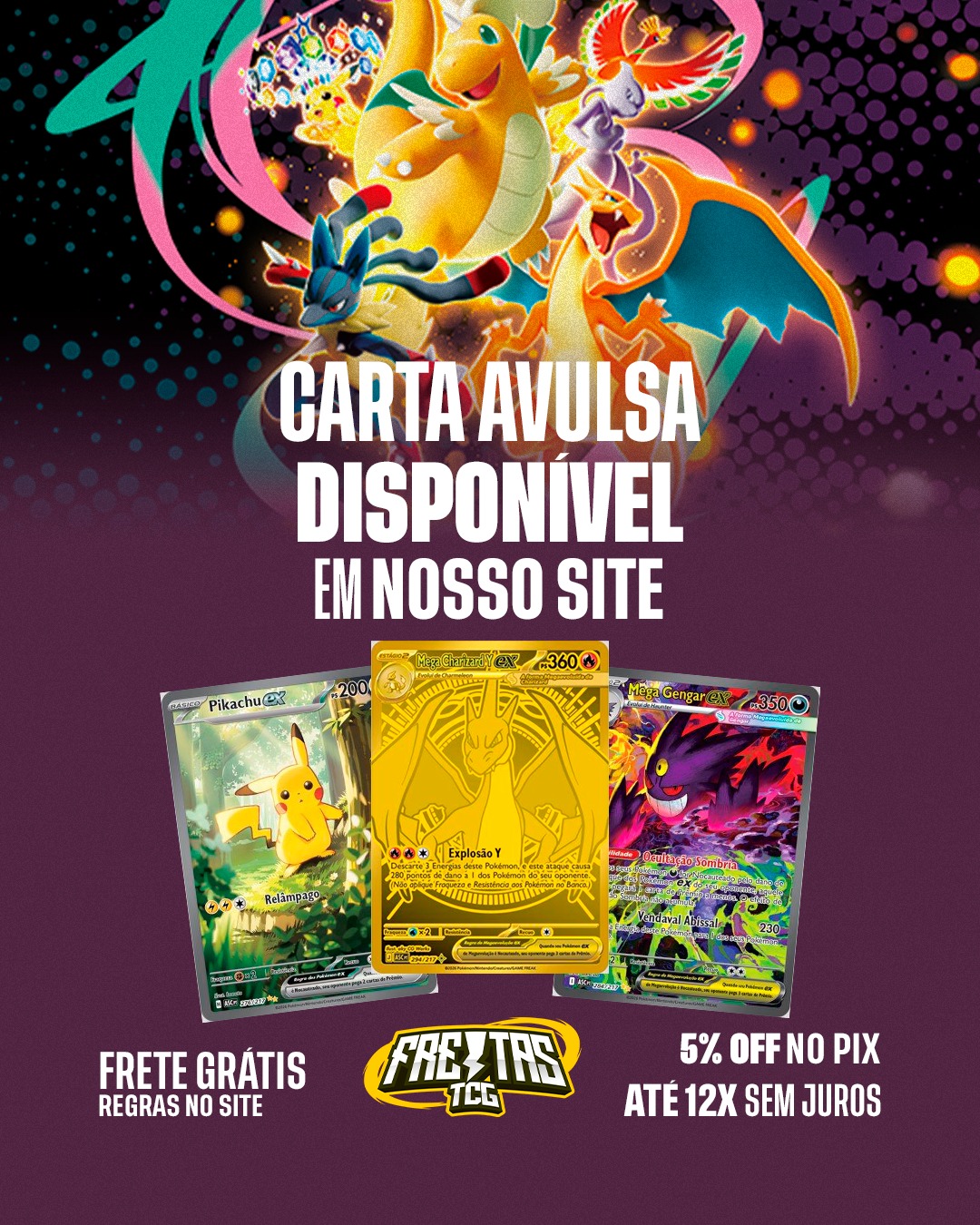 Freitas TCG Facebook ad: SUPER LANÇAMENTO, CARTAS AVULSAS HERÓIS EXCELSOS / ASCENDED…