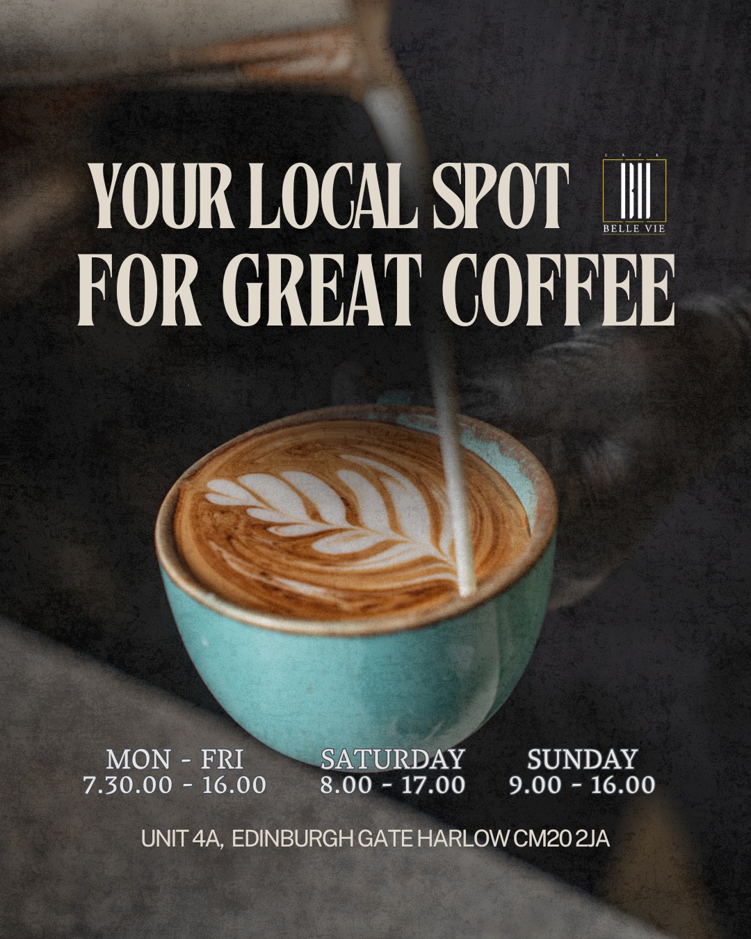Cafe Belle Vie Facebook ad: We’re kicking off your mornings earlier, Monday to…