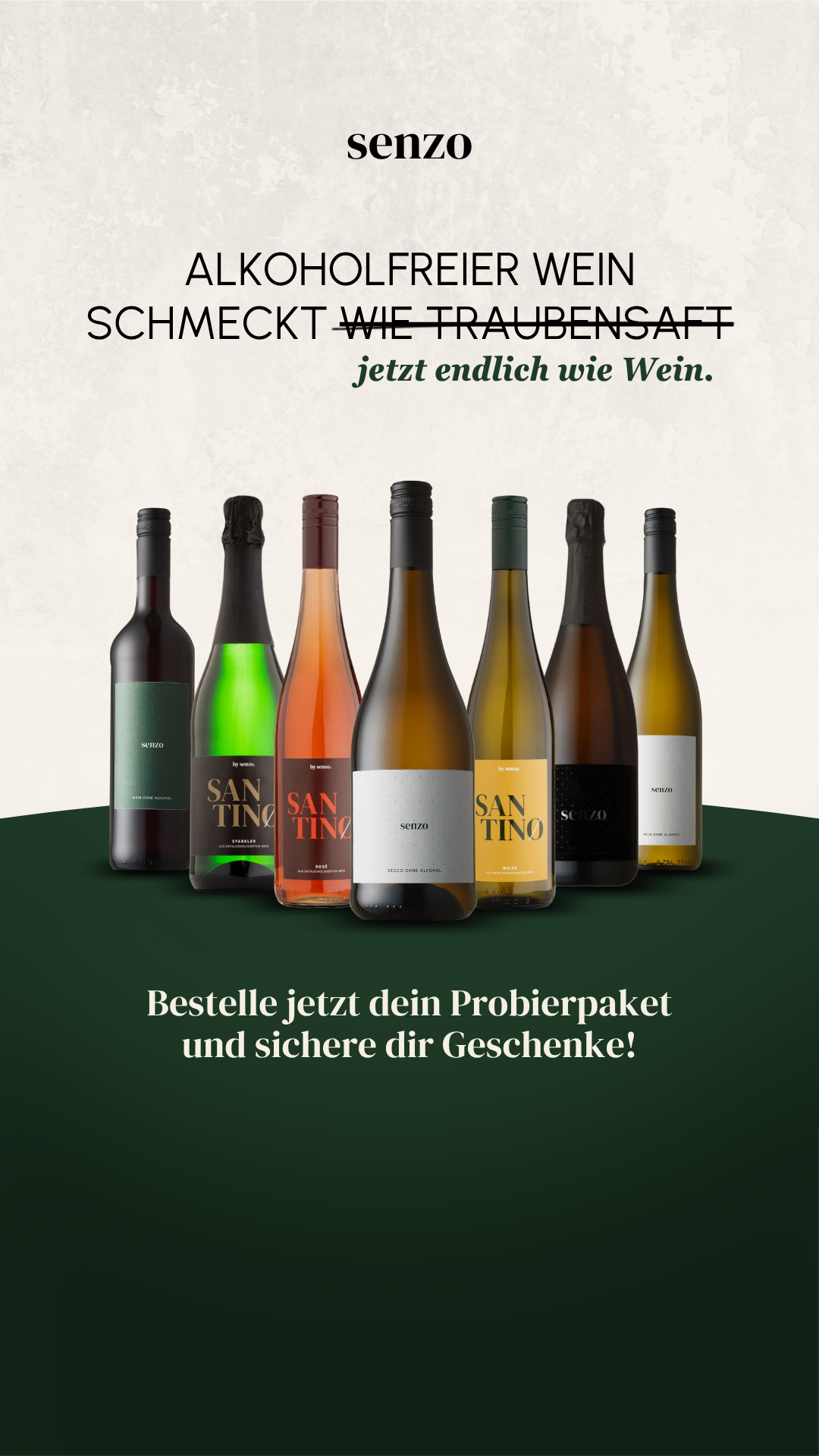 Senzo Facebook ad: SENZO, 100% Winzerhandwerk, 0,0% Alkohol