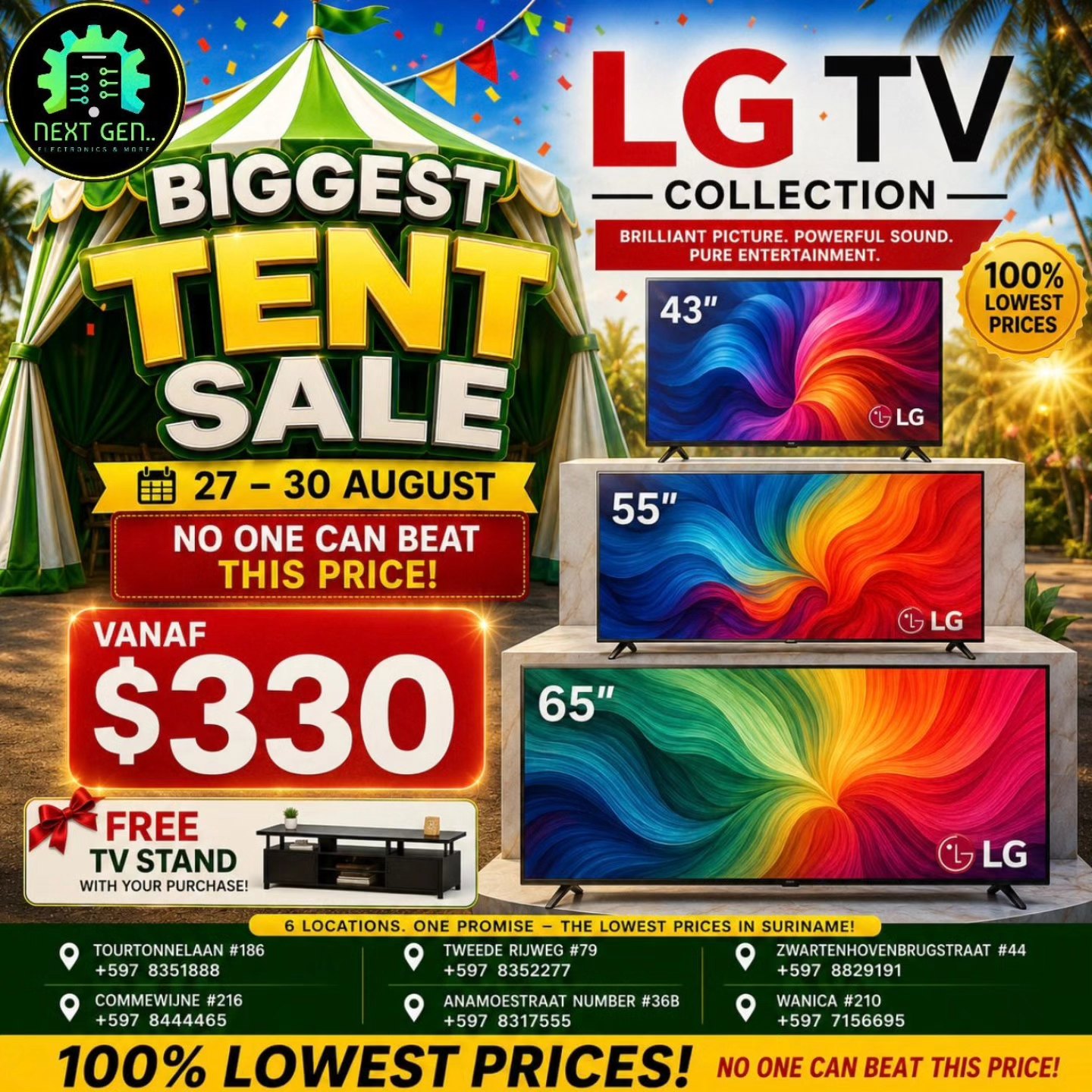 Next Gen Electronics N.V Facebook ad: BIGGEST TENT SALE IS HERE!