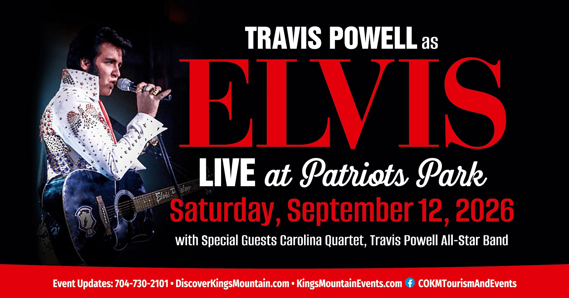City of Kings Mountain Tourism and Events Facebook ad: Travis Powell as ELVIS-LIVE at Patriots Park