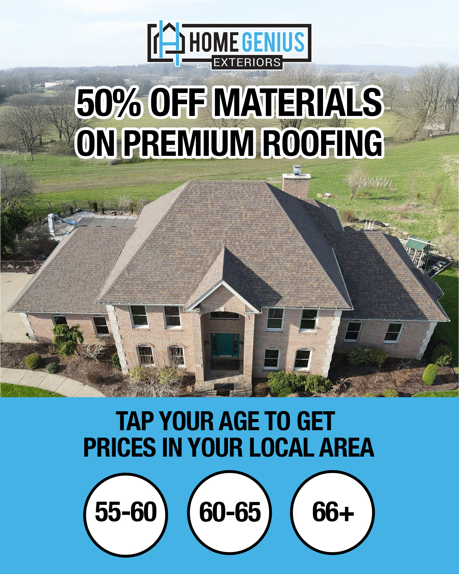 Home Genius Exteriors Facebook ad: Seniors Get 50% OFF Materials On A Roof Replacement