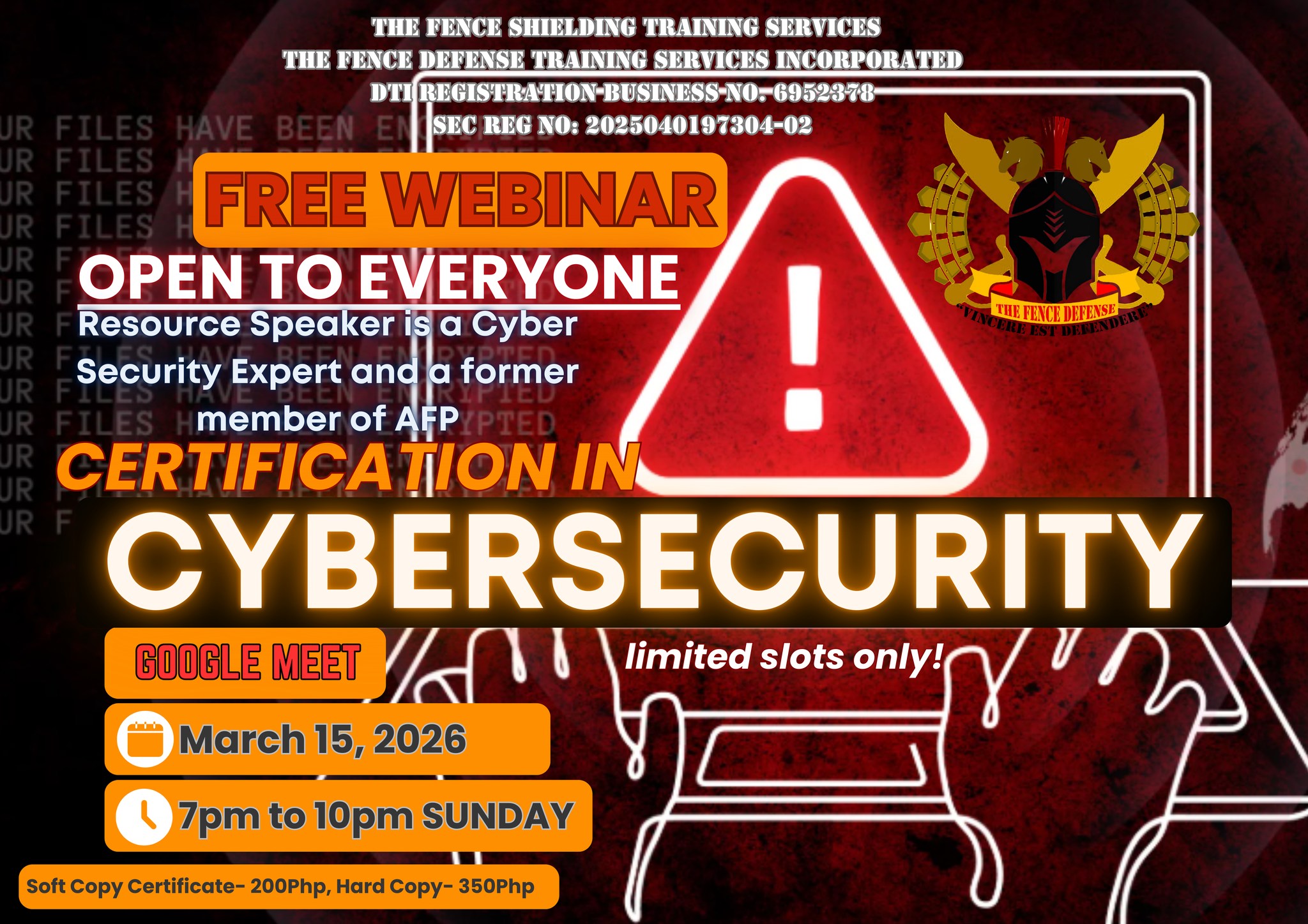 The Fence Defense Training Services Incorporated Facebook ad: FREE WEBINAR - Certification in CYBERSECURITY