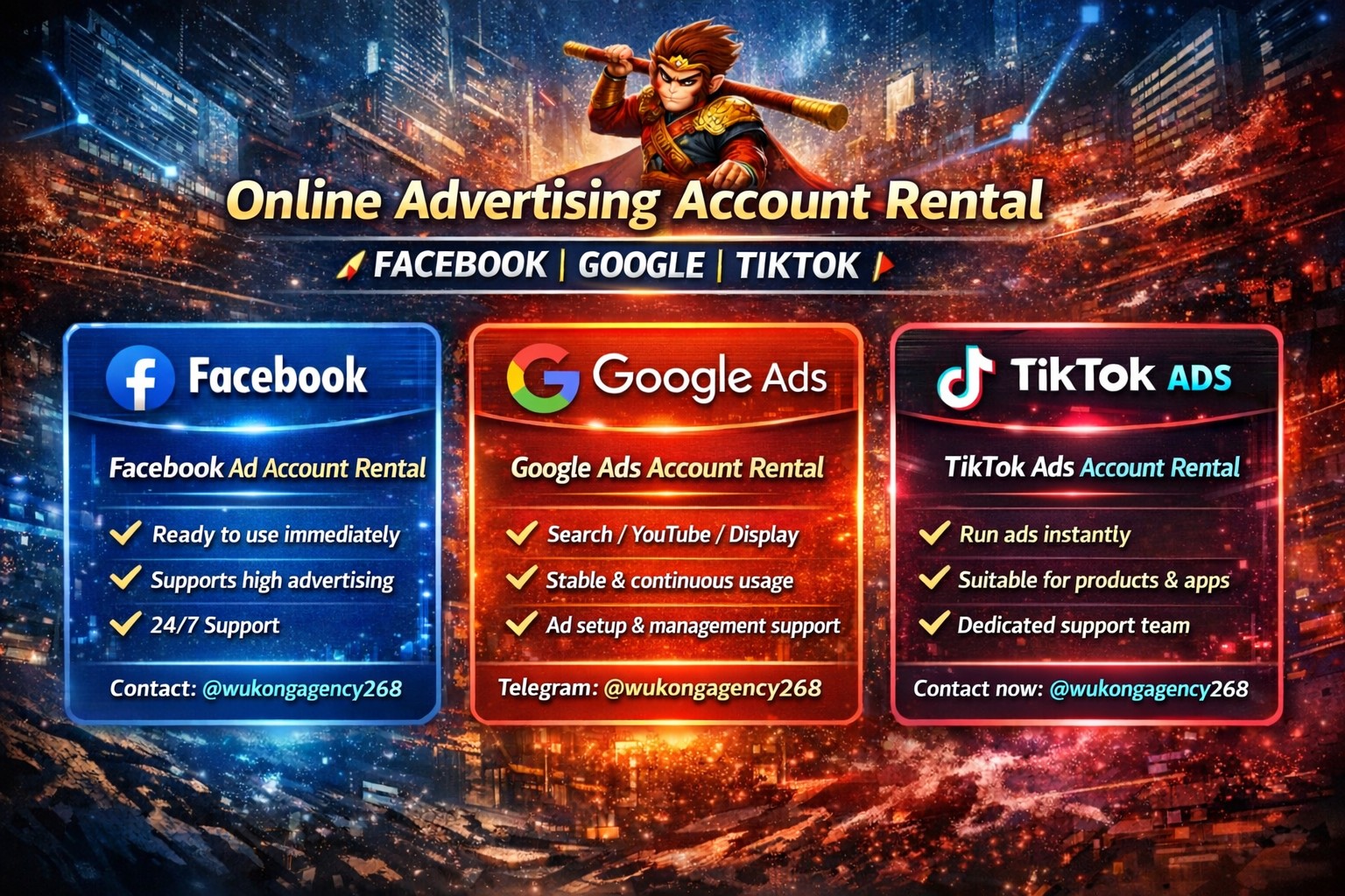 Wukong Agency Facebook ad: Facebook | Google | TikTok Advertising Account Rental…