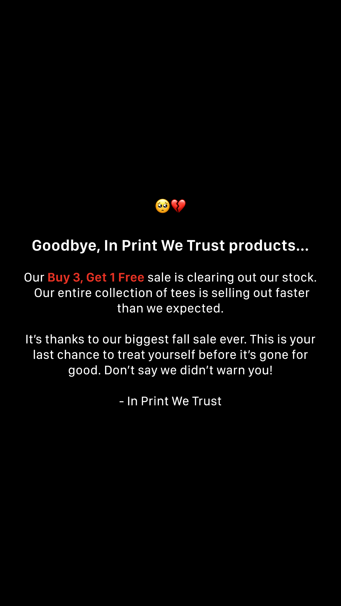 In Print We Trust Facebook ad: Just Restocked After 4 Months