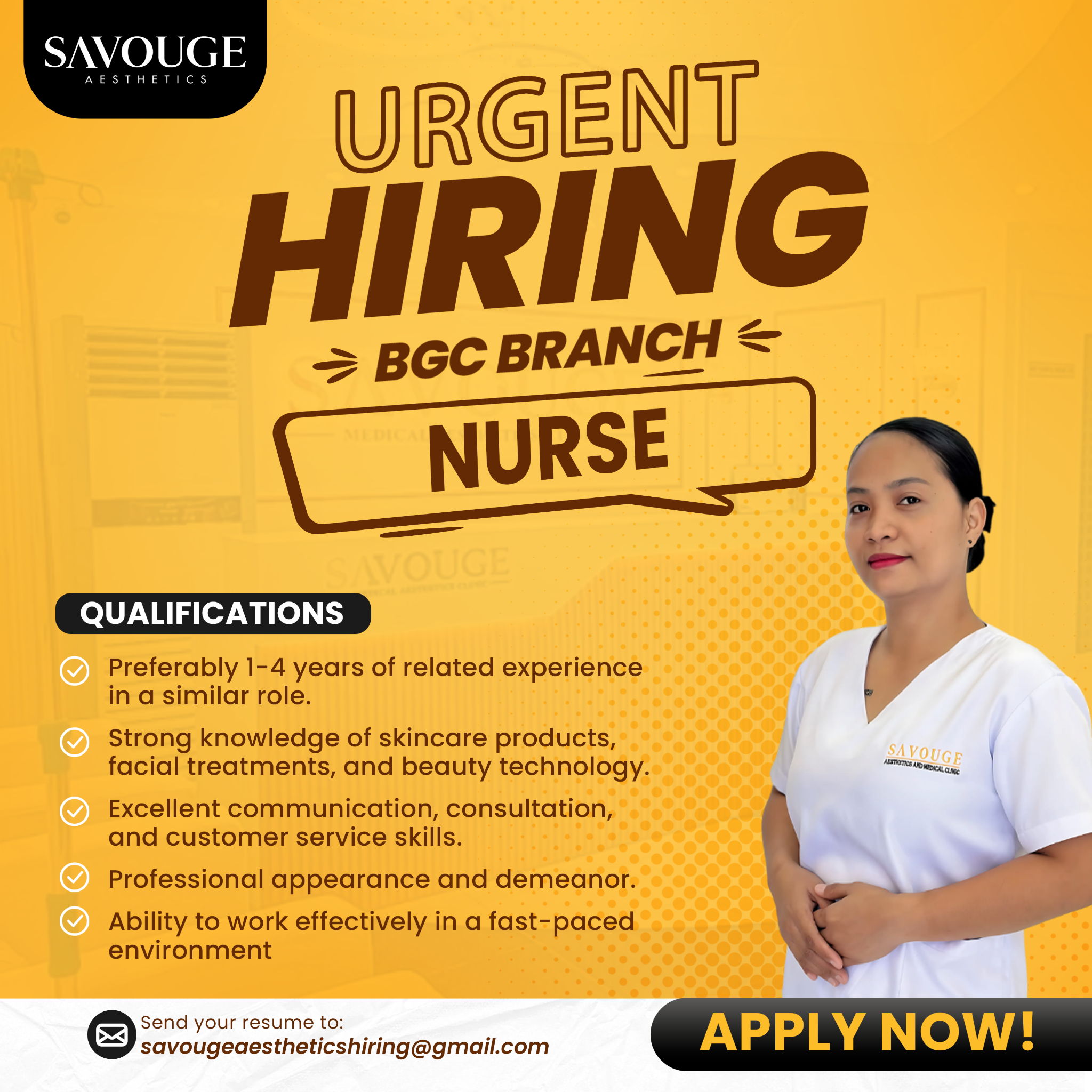 Opportunities by Savouge Aesthetics Facebook ad: HIRING, NURSE in BGC