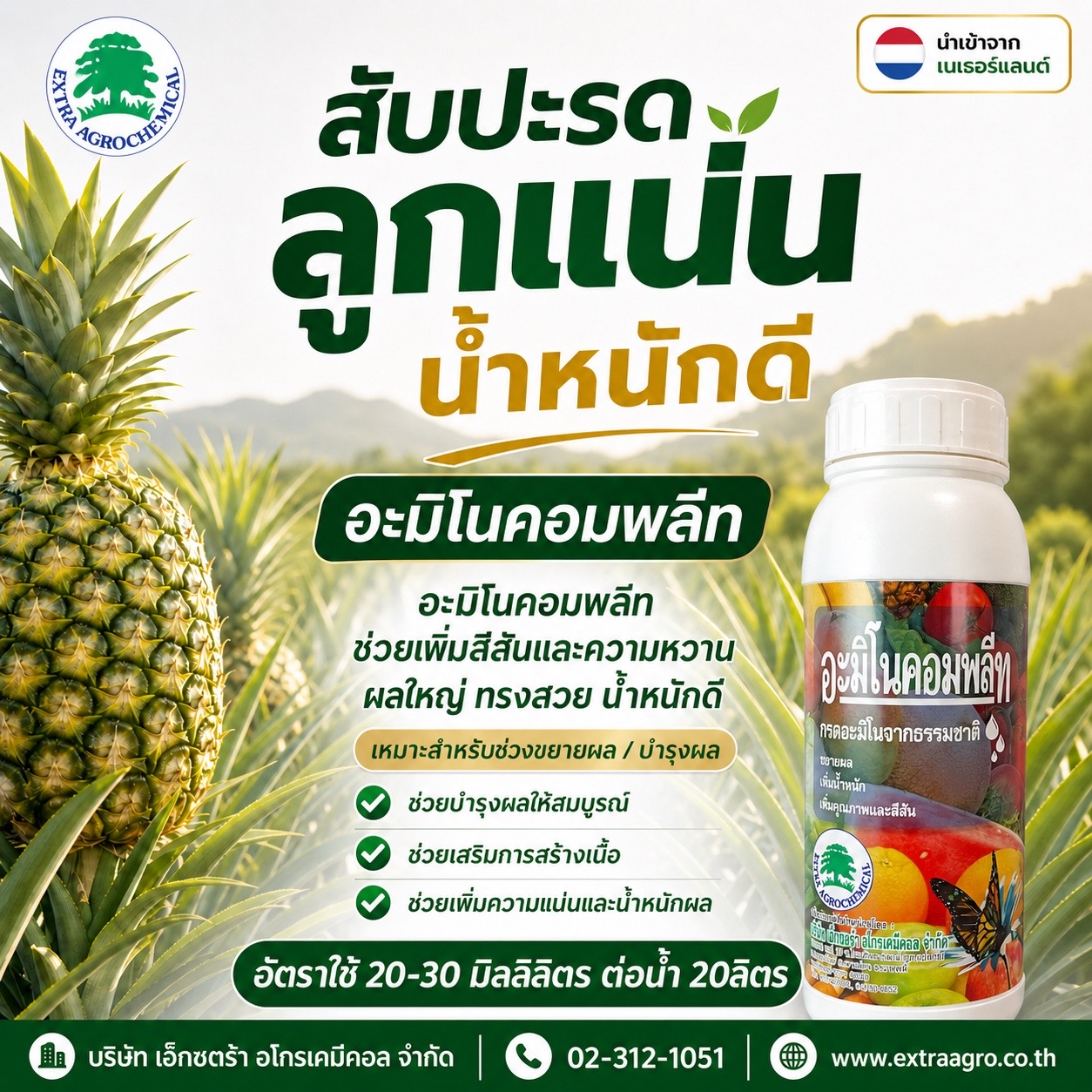 บริษัท เอ็กซตร้า อโกรเคมีคอล จำกัด Facebook ad: สับปะรดลูกแน่น น้ำหนักดี เริ่มที่การบำรุงผลให้สมบูรณ์