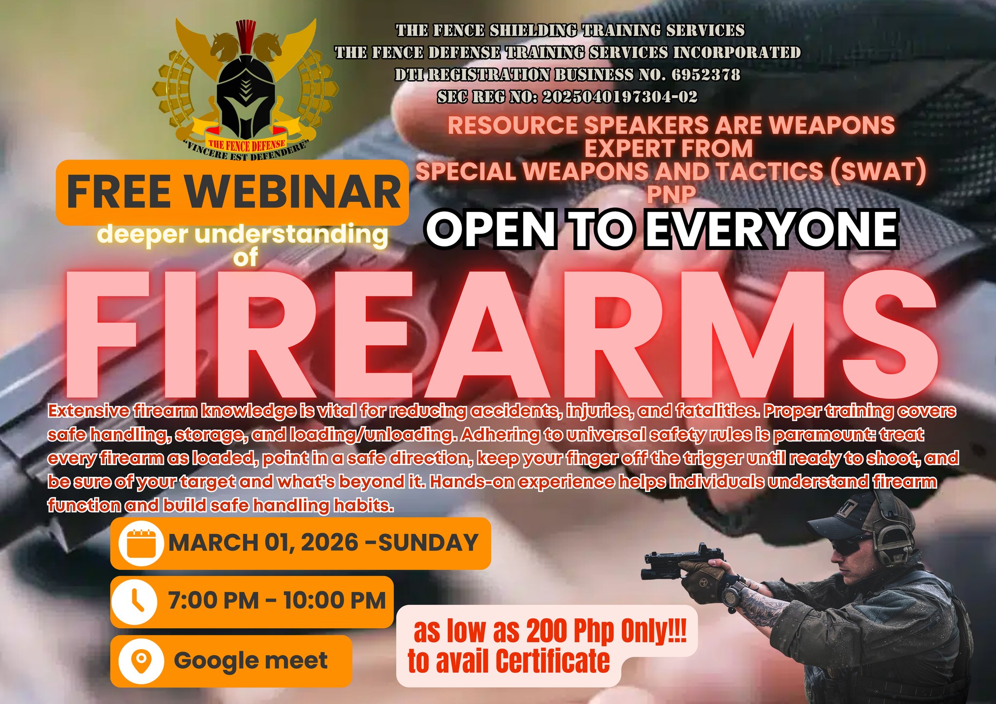 The Fence Defense Training Services Incorporated Facebook ad: FREE Webinar - Understanding FIREARMS…