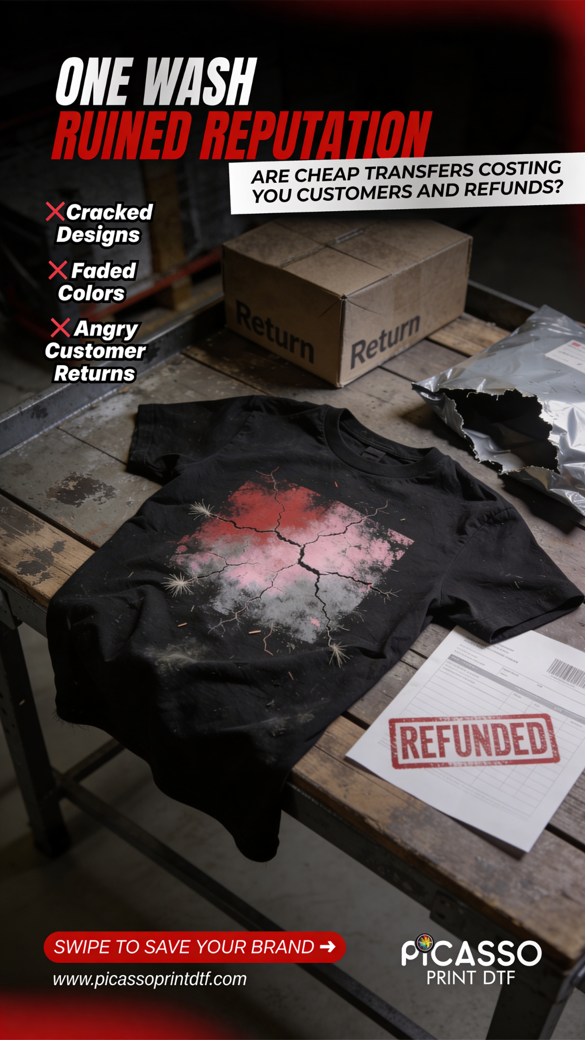 Picasso DTF Facebook ad: 1 Upload Your Custom Design